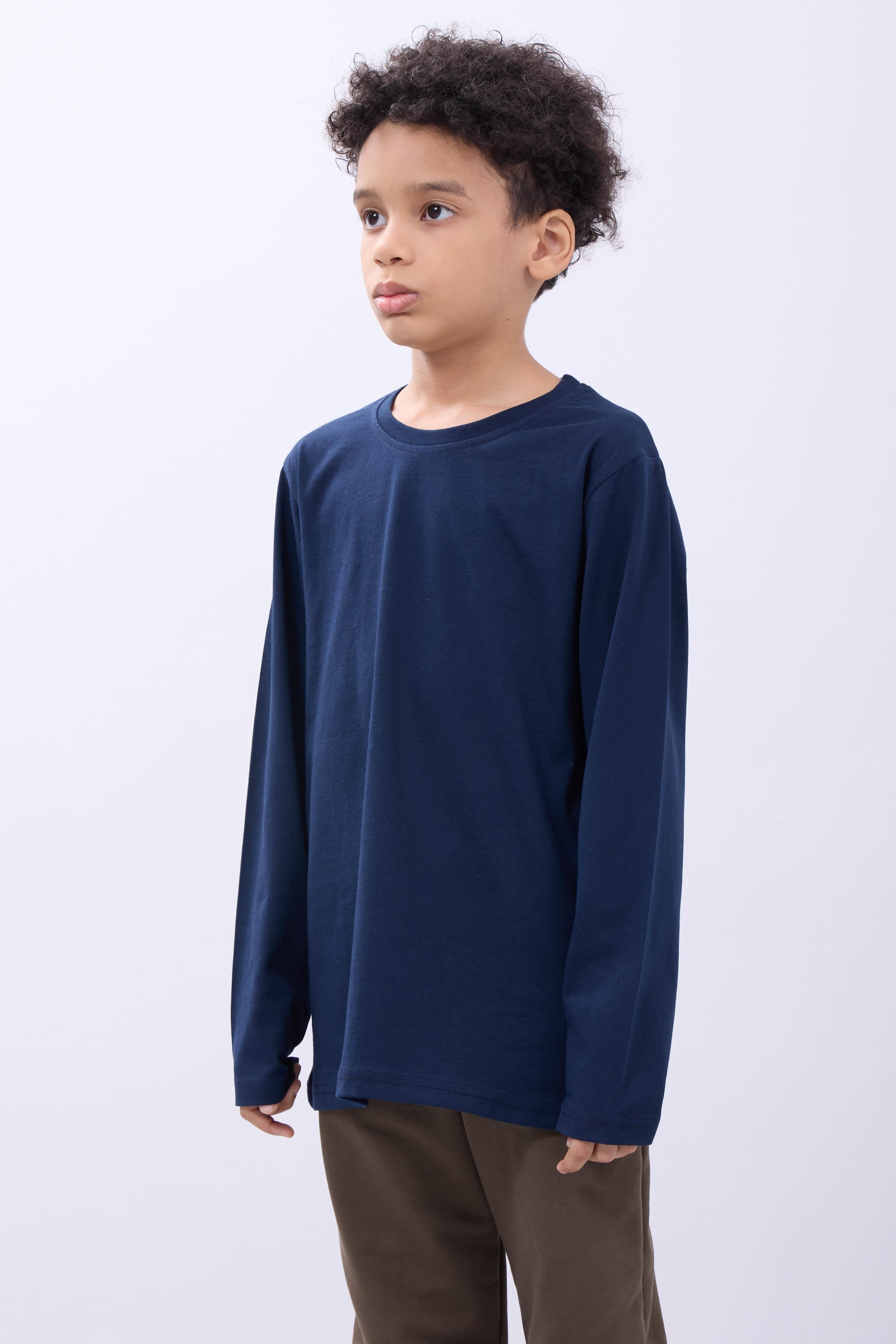 %100 Pamuklu Kız ve Erkek Unisex Uzun Kollu Basic Tshirt Lacivert - Perendi