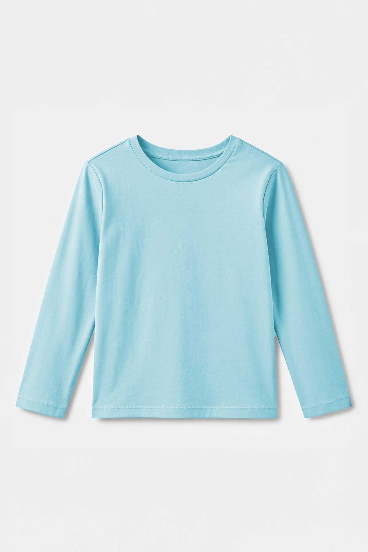 %100 Pamuklu Kız ve Erkek Unisex Uzun Kollu Basic Tshirt Mavi - Perendi