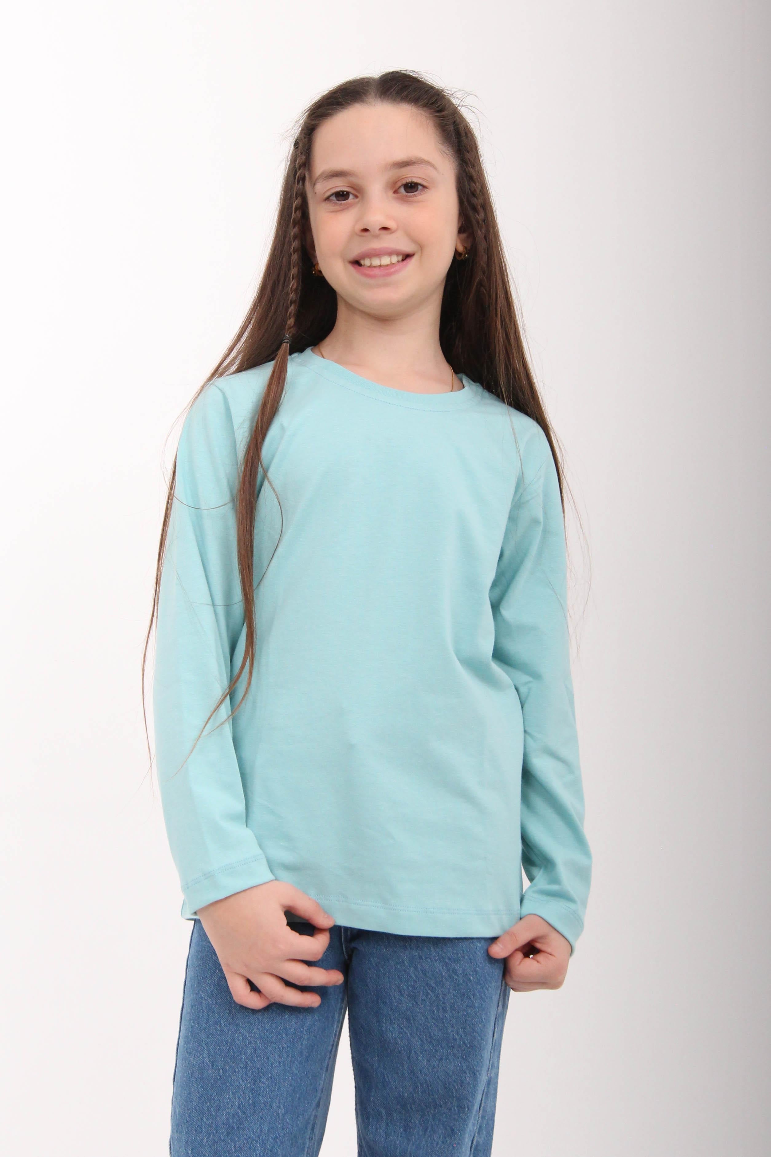 %100 Pamuklu Kız ve Erkek Unisex Uzun Kollu Basic Tshirt Mavi - Perendi