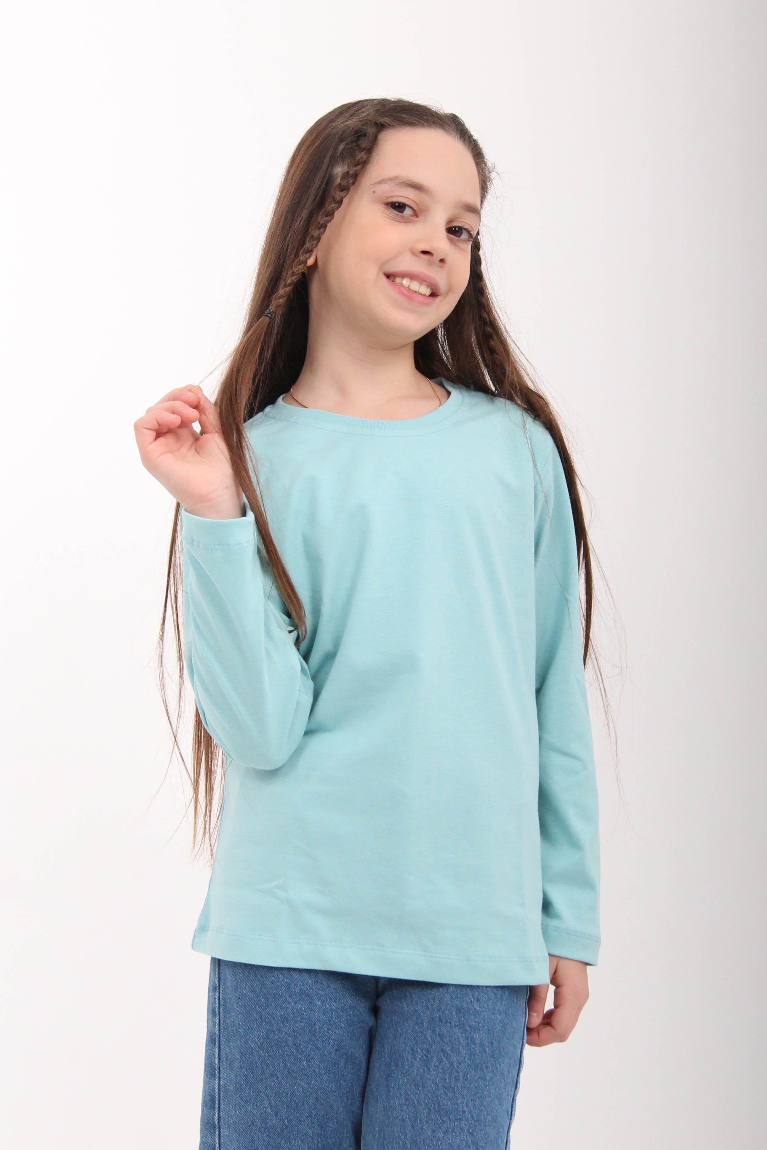 %100 Pamuklu Kız ve Erkek Unisex Uzun Kollu Basic Tshirt Mavi - Perendi