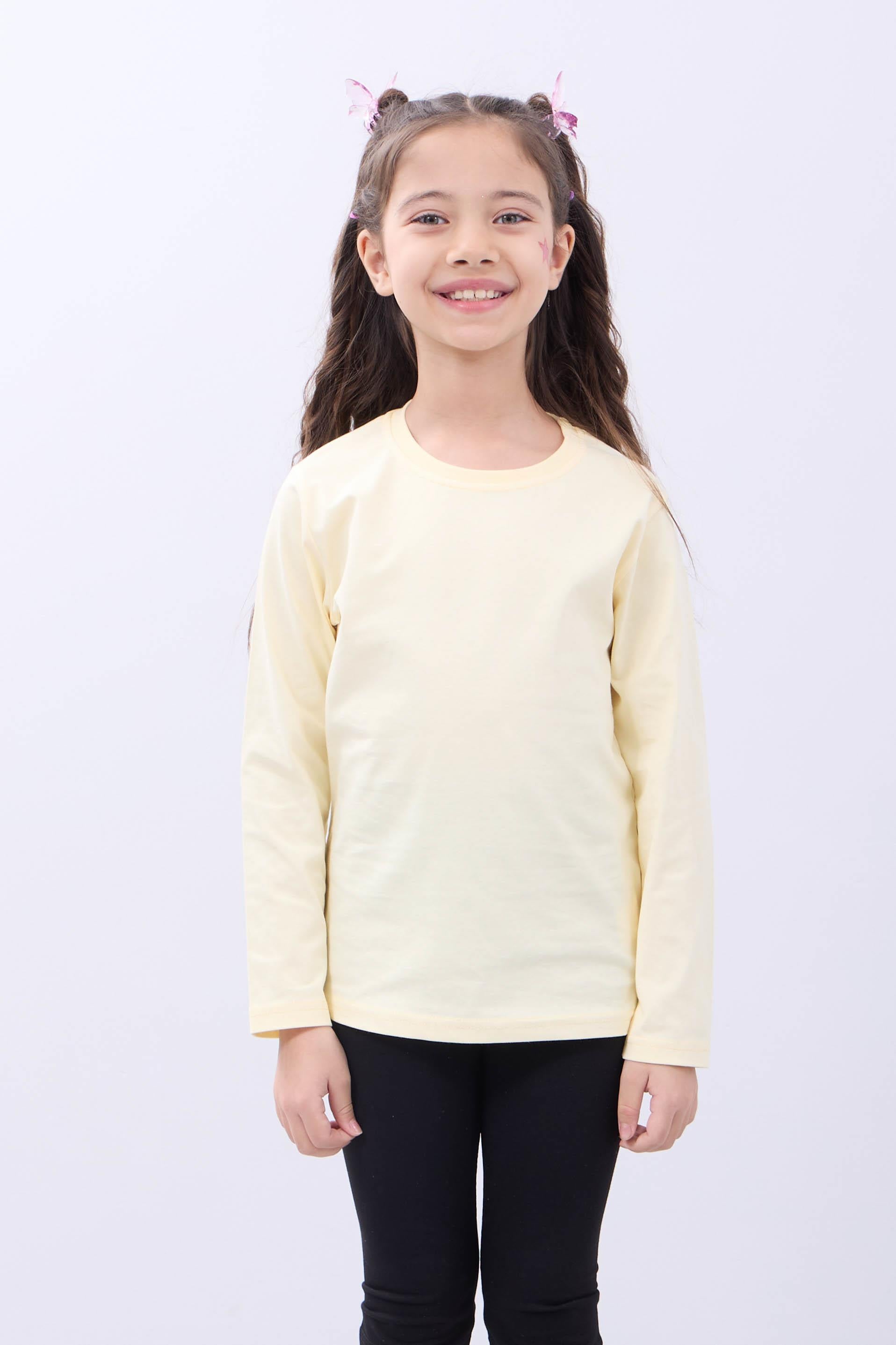 %100 Pamuklu Kız ve Erkek Unisex Uzun Kollu Basic Tshirt Sarı - Perendi