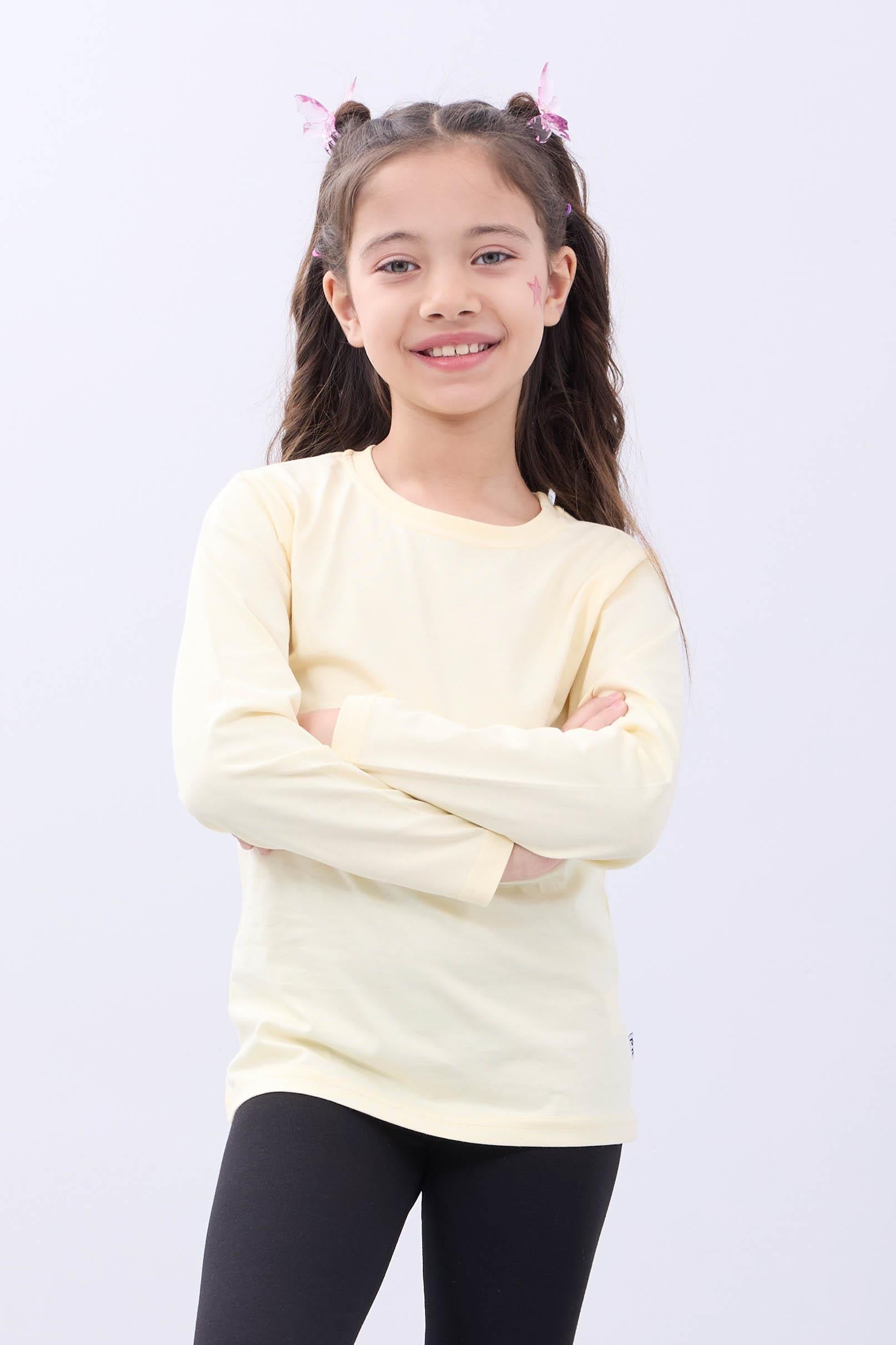 %100 Pamuklu Kız ve Erkek Unisex Uzun Kollu Basic Tshirt Sarı - Perendi