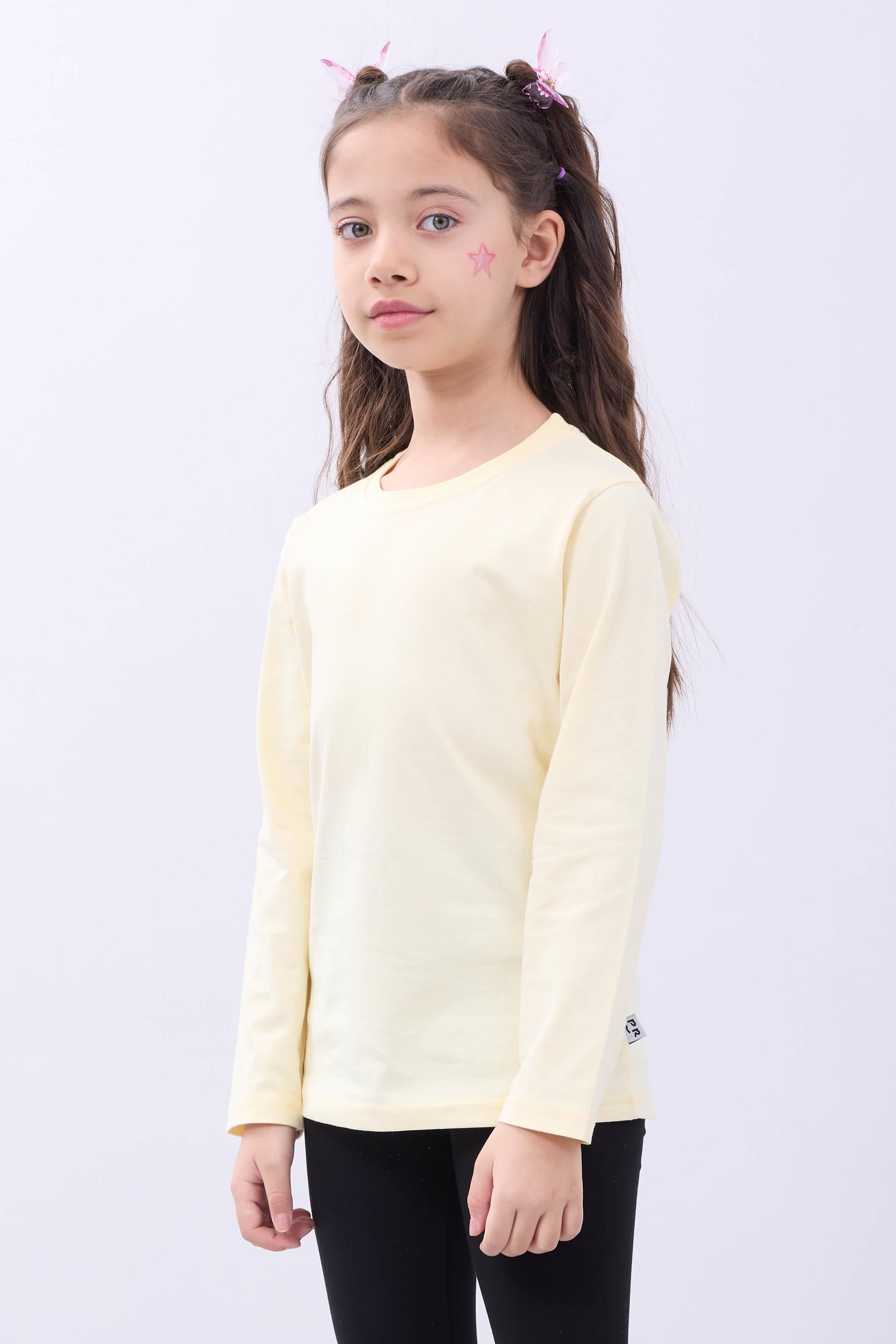 %100 Pamuklu Kız ve Erkek Unisex Uzun Kollu Basic Tshirt Sarı - Perendi