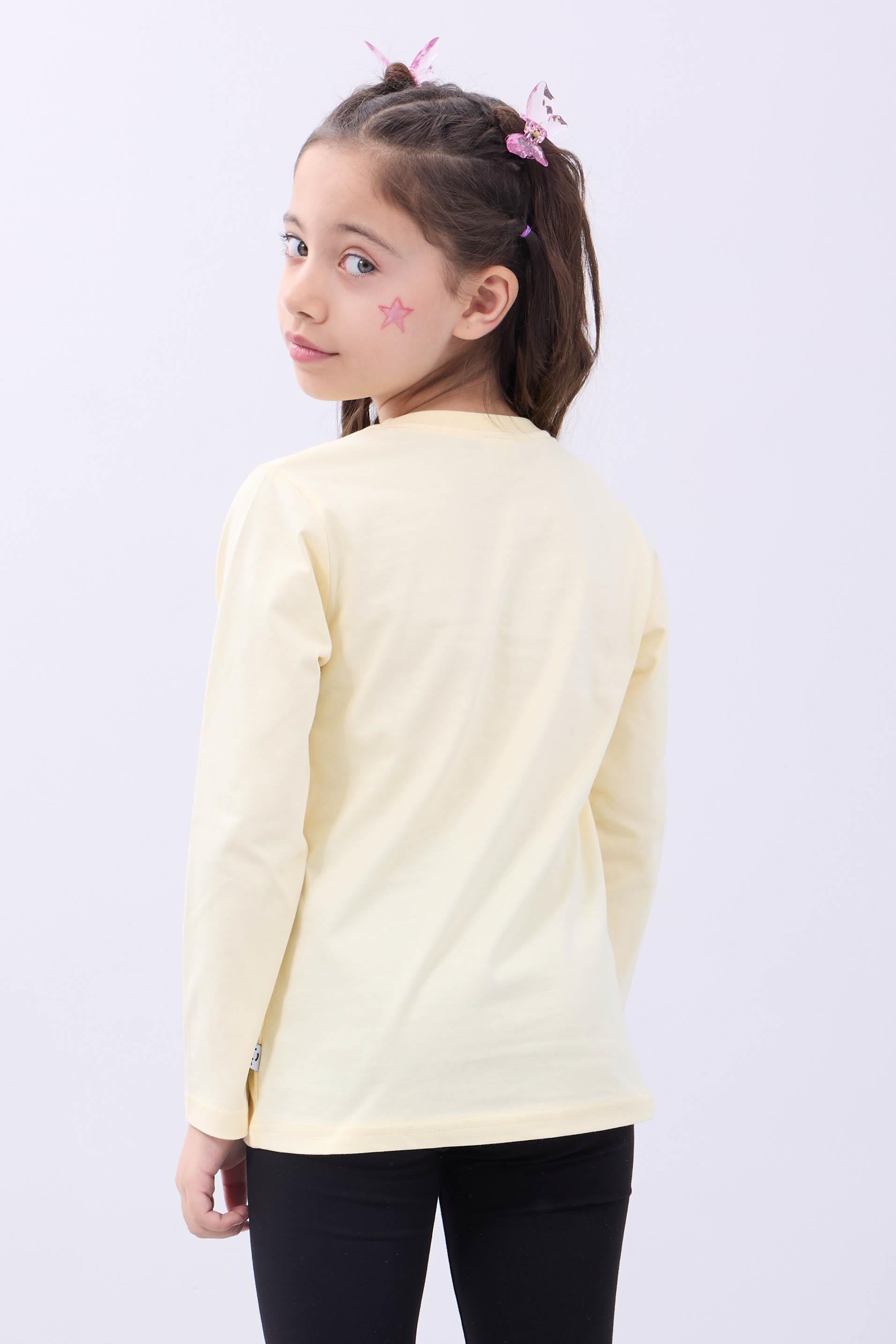 %100 Pamuklu Kız ve Erkek Unisex Uzun Kollu Basic Tshirt Sarı - Perendi