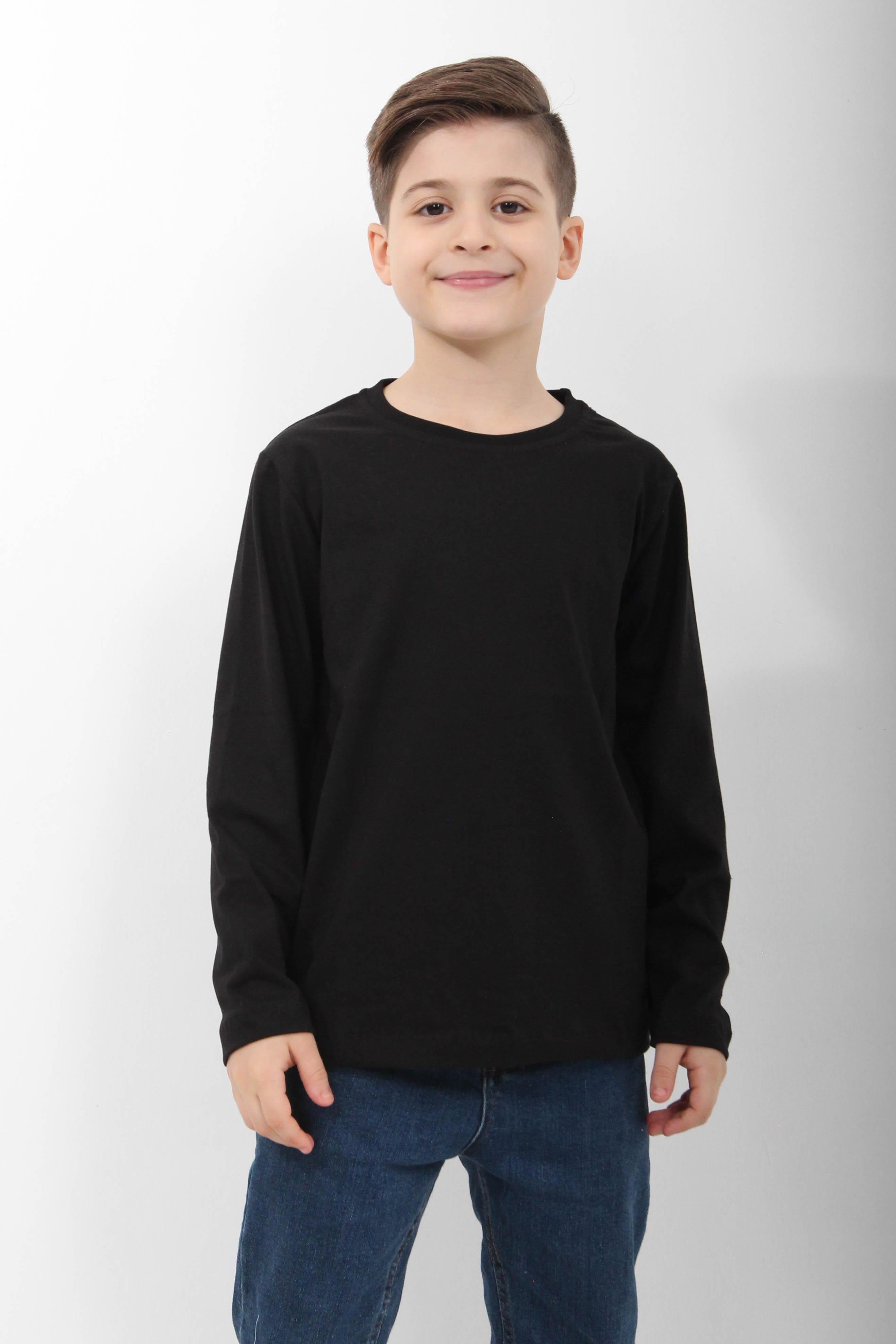 %100 Pamuklu Kız ve Erkek Unisex Uzun Kollu Basic Tshirt Siyah - Perendi