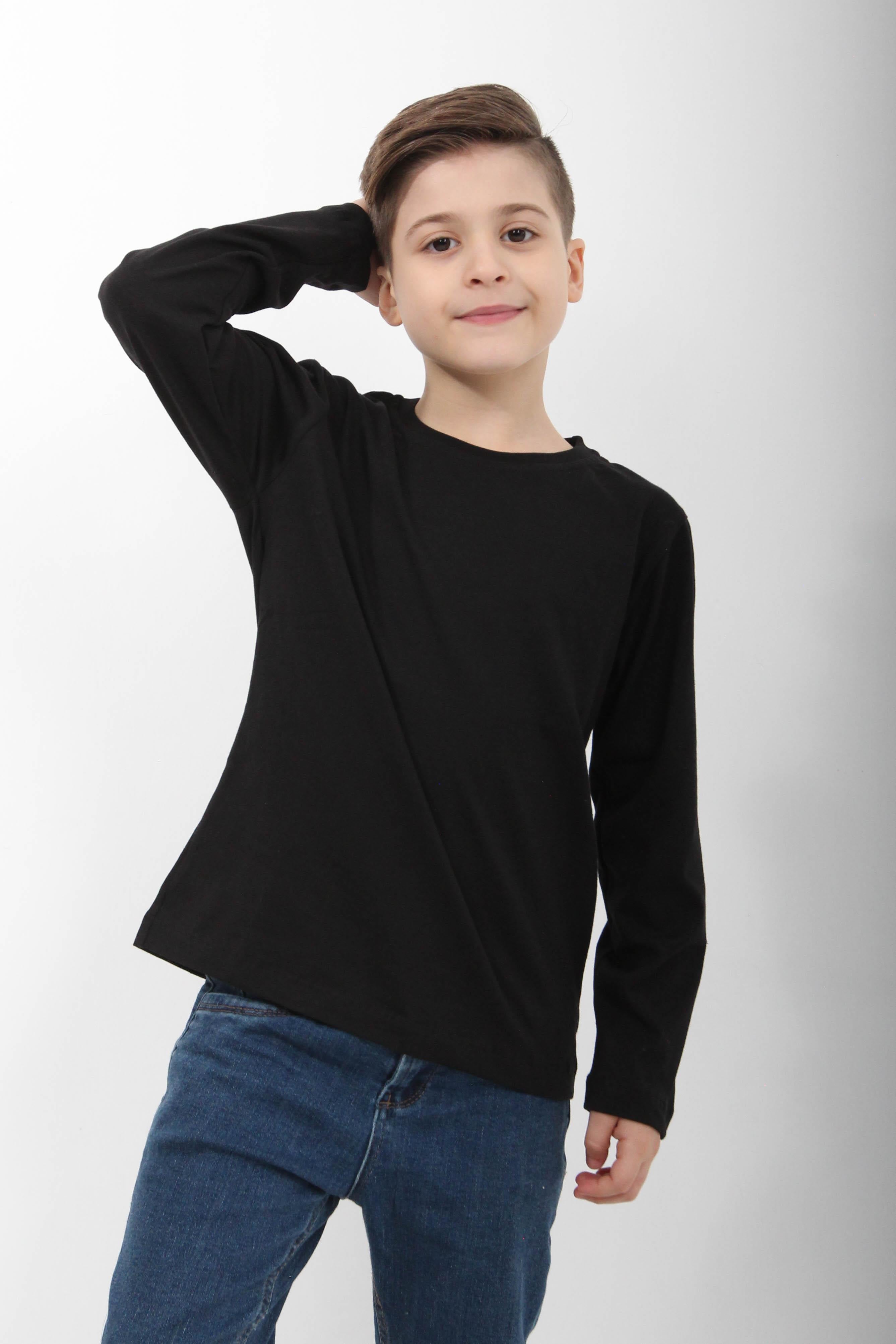 %100 Pamuklu Kız ve Erkek Unisex Uzun Kollu Basic Tshirt Siyah - Perendi