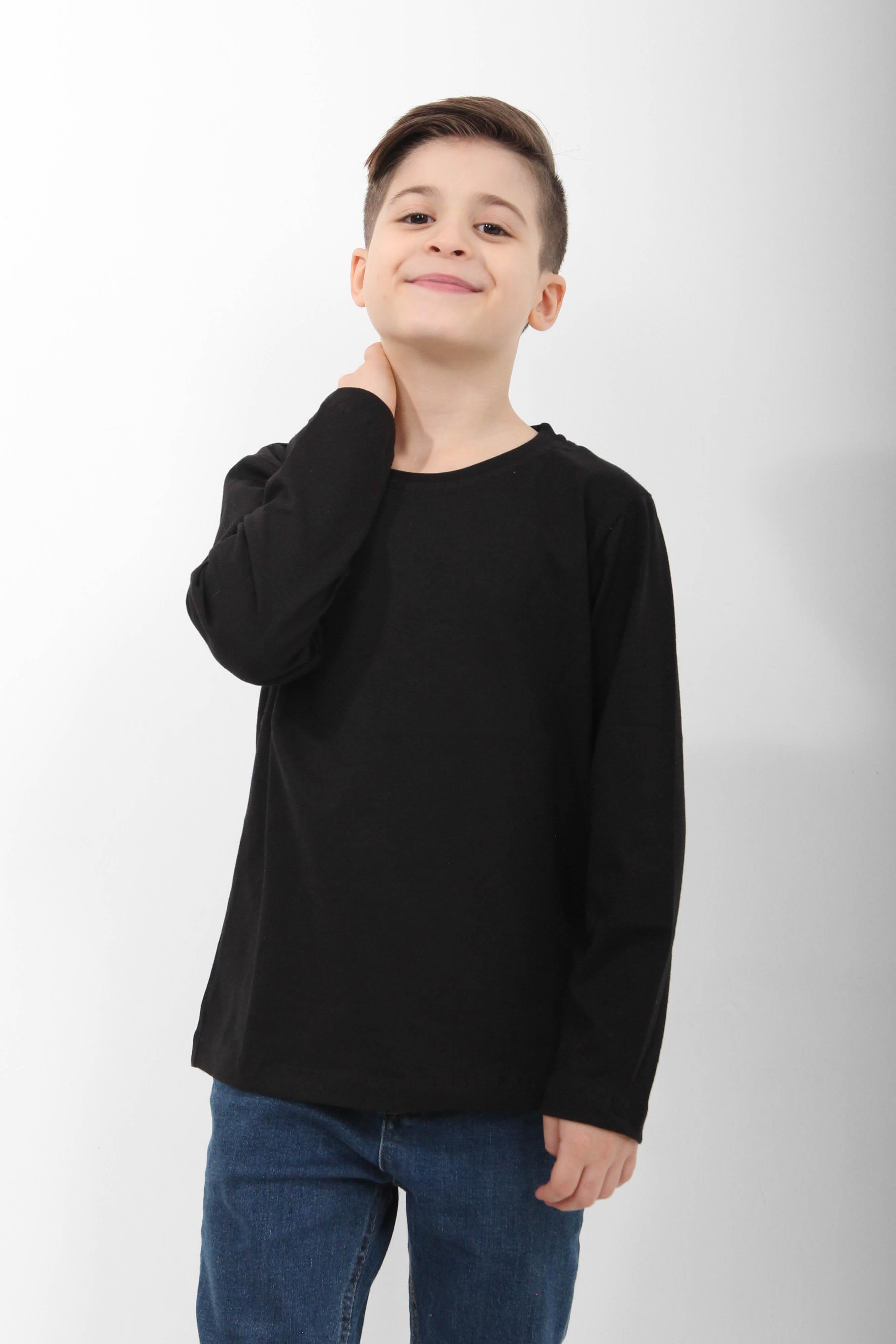 %100 Pamuklu Kız ve Erkek Unisex Uzun Kollu Basic Tshirt Siyah - Perendi