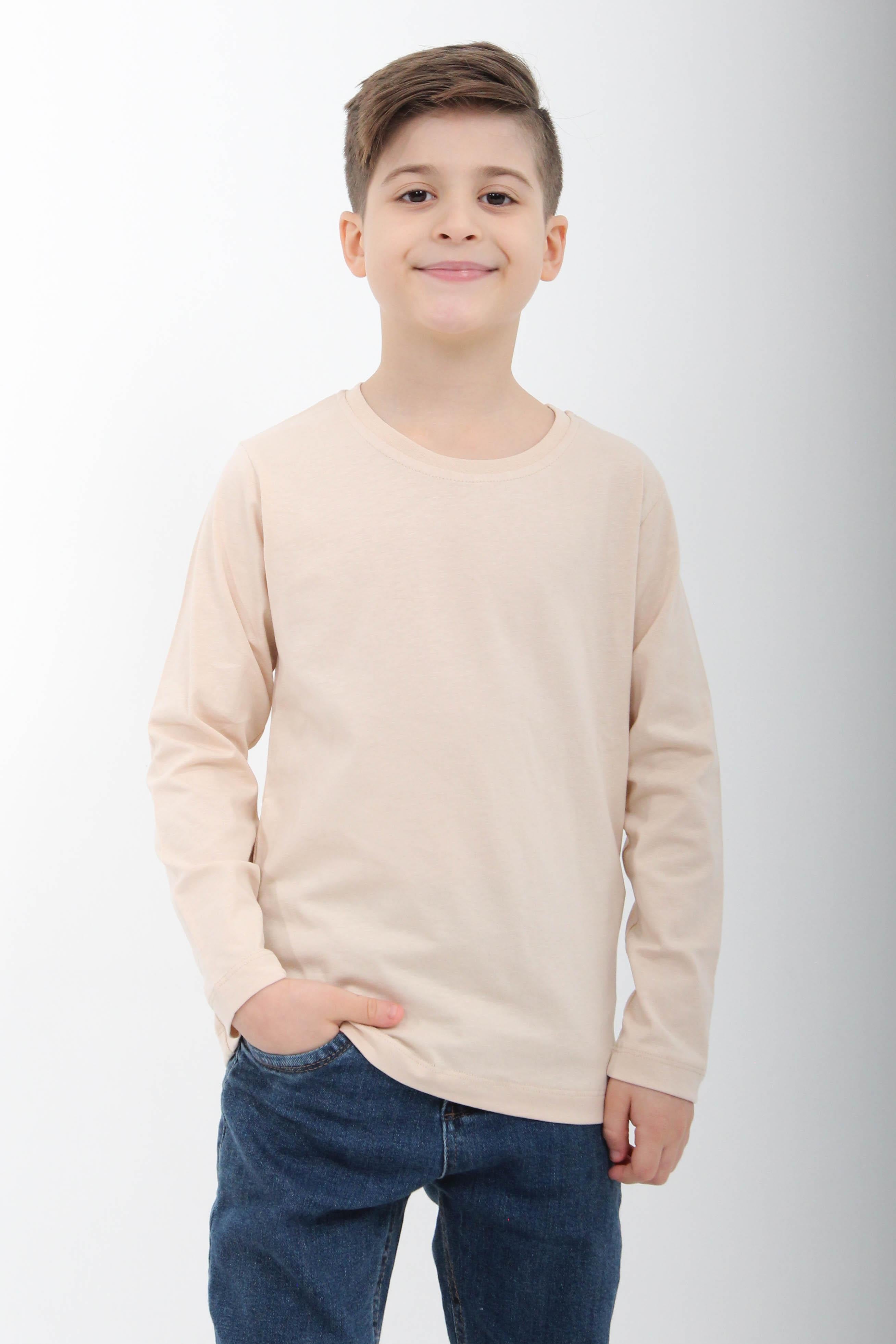 %100 Pamuklu Kız ve Erkek Unisex Uzun Kollu Basic Tshirt Taş - Perendi