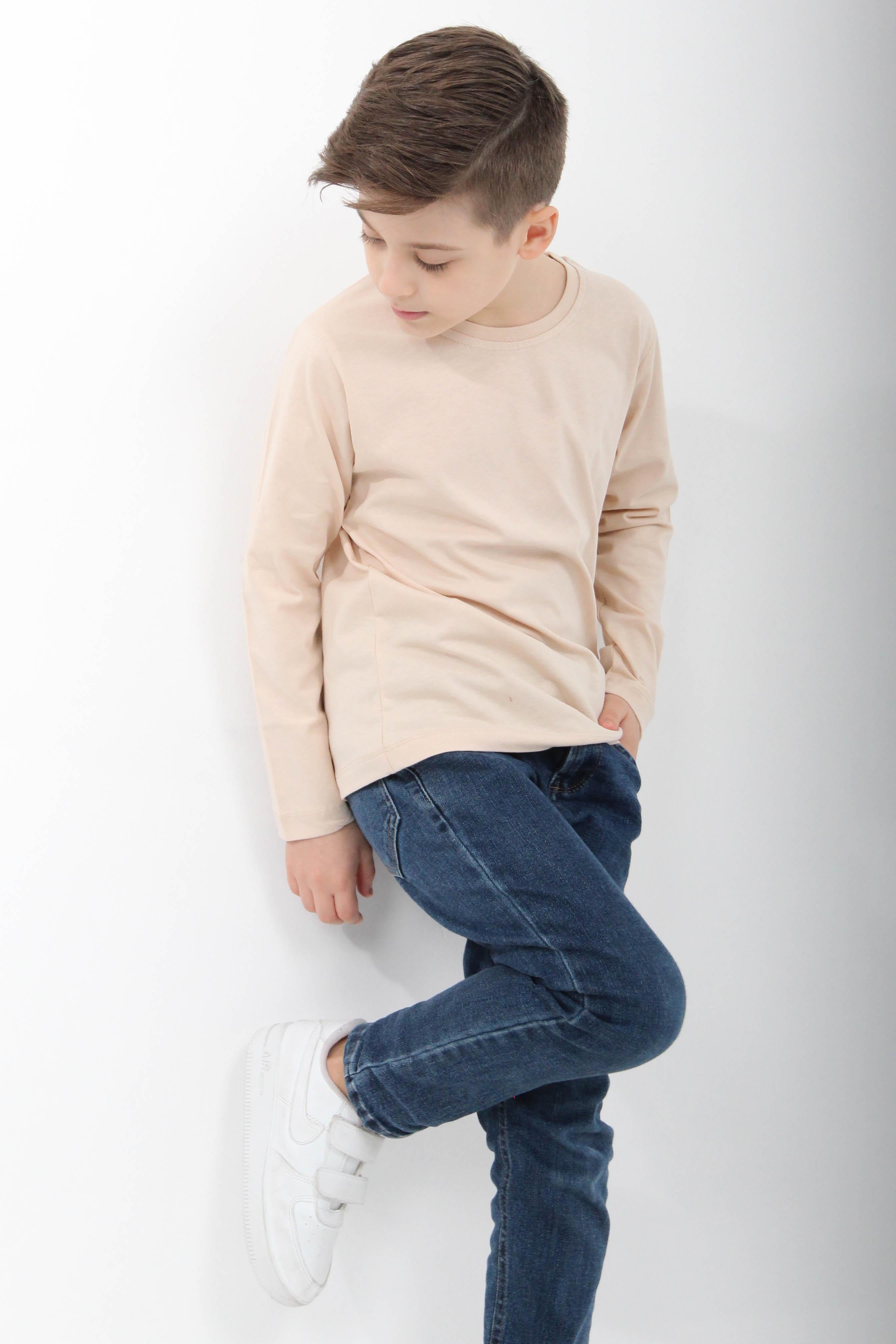 %100 Pamuklu Kız ve Erkek Unisex Uzun Kollu Basic Tshirt Taş - Perendi