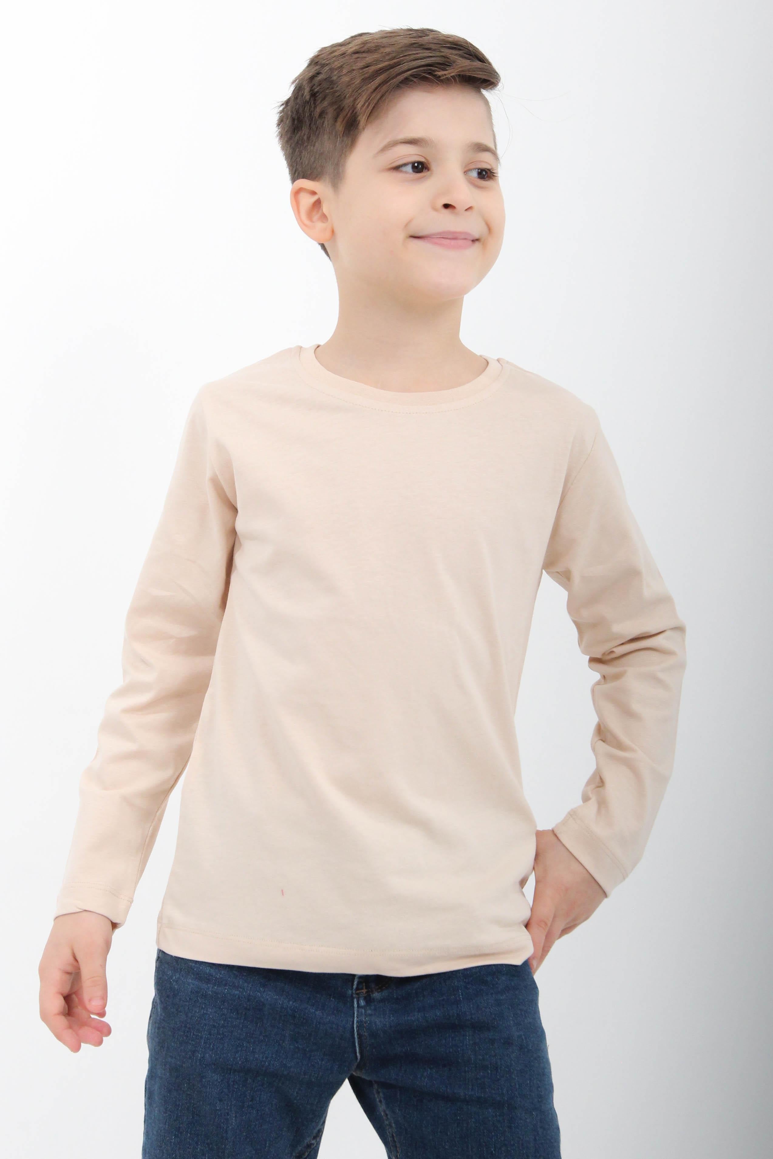 %100 Pamuklu Kız ve Erkek Unisex Uzun Kollu Basic Tshirt Taş - Perendi