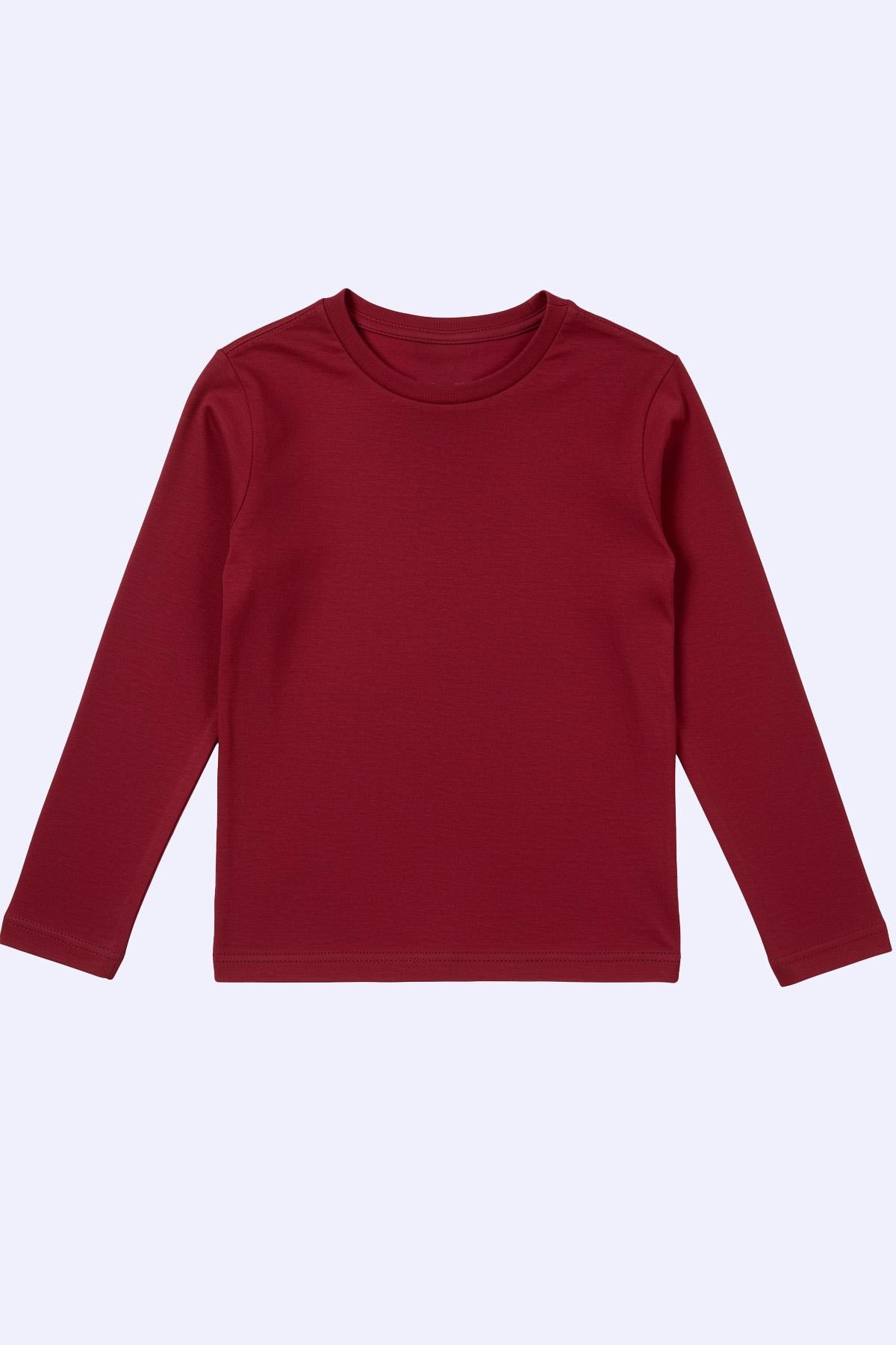 %100 Pamuklu Kız ve Erkek Unisex Uzun Kollu Basic Tshirt Vişne - Perendi