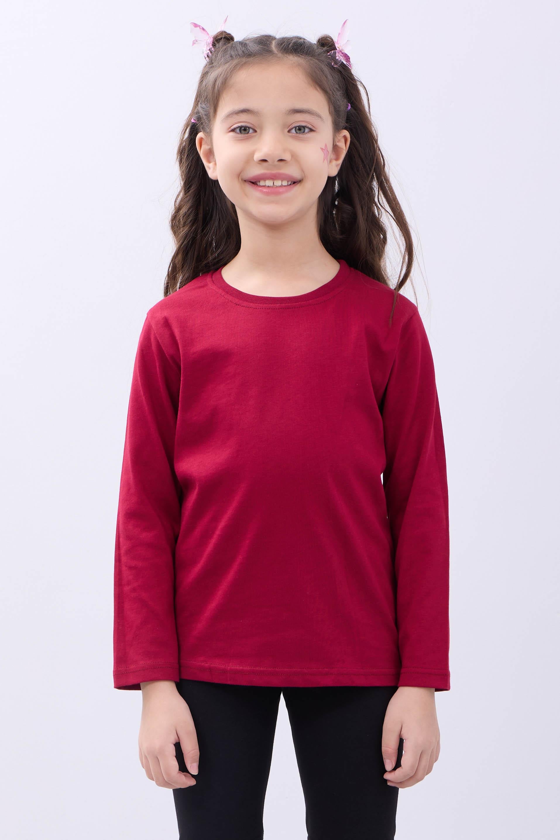 %100 Pamuklu Kız ve Erkek Unisex Uzun Kollu Basic Tshirt Vişne - Perendi