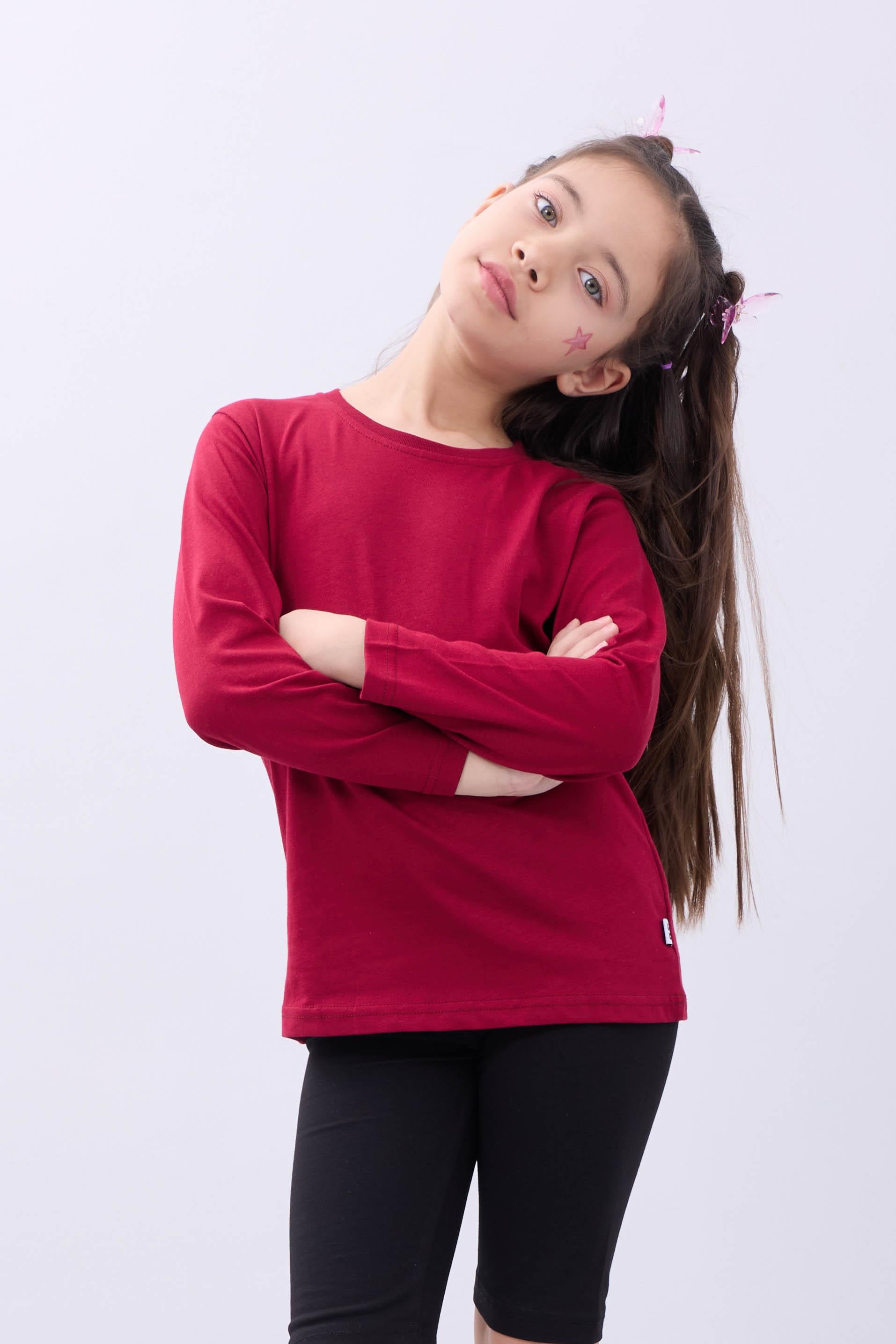 %100 Pamuklu Kız ve Erkek Unisex Uzun Kollu Basic Tshirt Vişne - Perendi