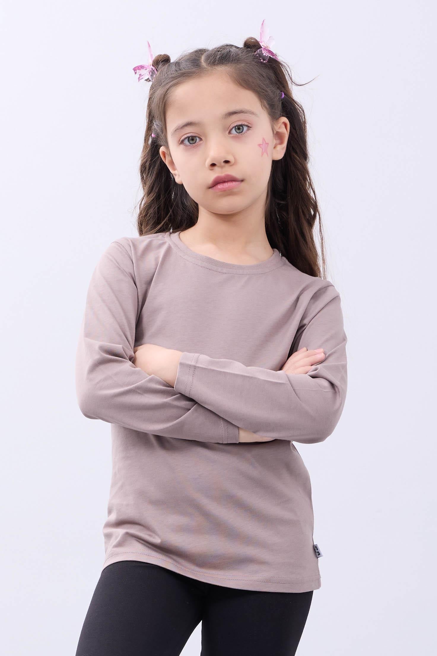 %100 Pamuklu Kız ve Erkek Unisex Uzun Kollu Basic Tshirt Vizon - Perendi