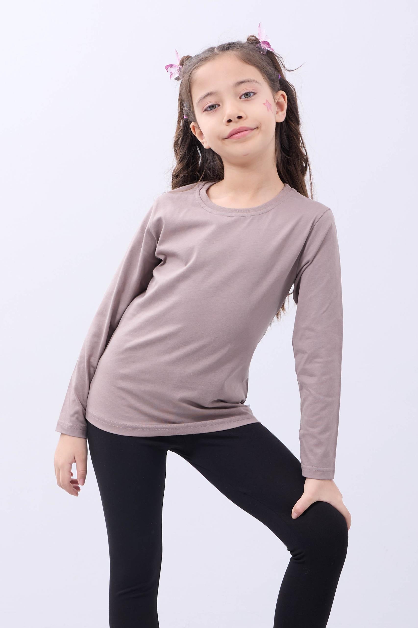 %100 Pamuklu Kız ve Erkek Unisex Uzun Kollu Basic Tshirt Vizon - Perendi