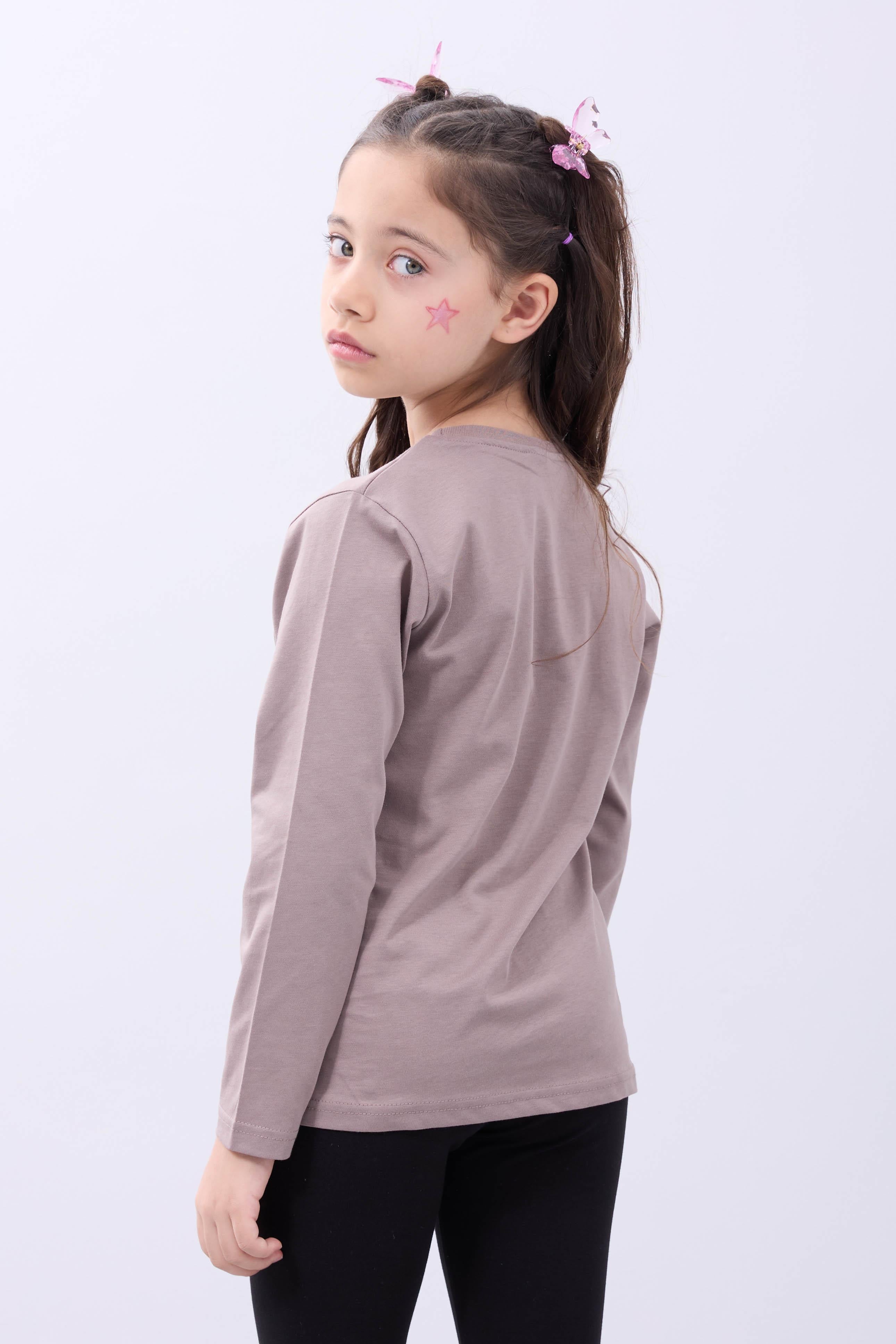 %100 Pamuklu Kız ve Erkek Unisex Uzun Kollu Basic Tshirt Vizon - Perendi