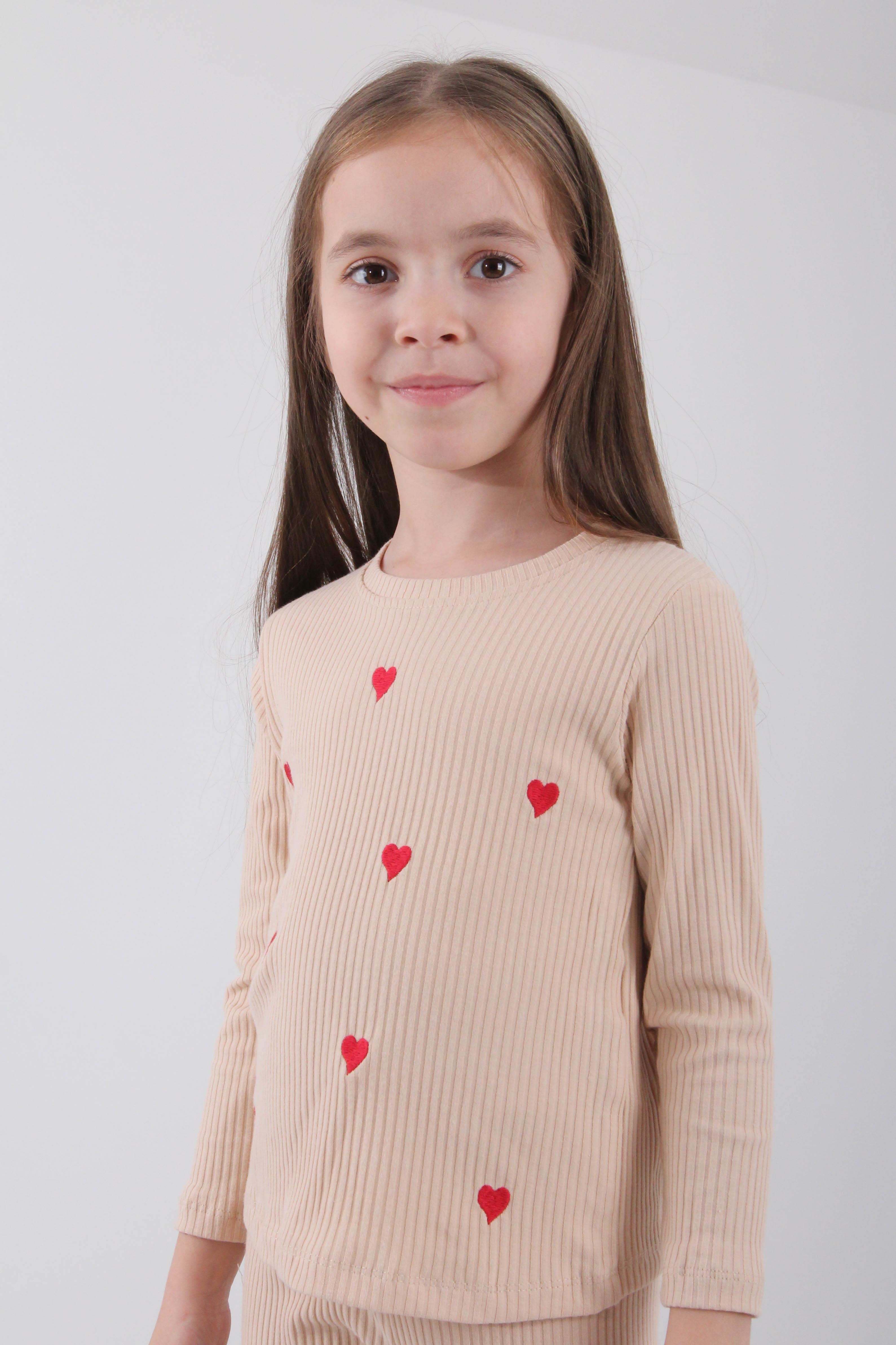 %100 Pamuklu Minik Kalp Nakışlı Kız Çocuk Sweatshirt Bej - Perendi