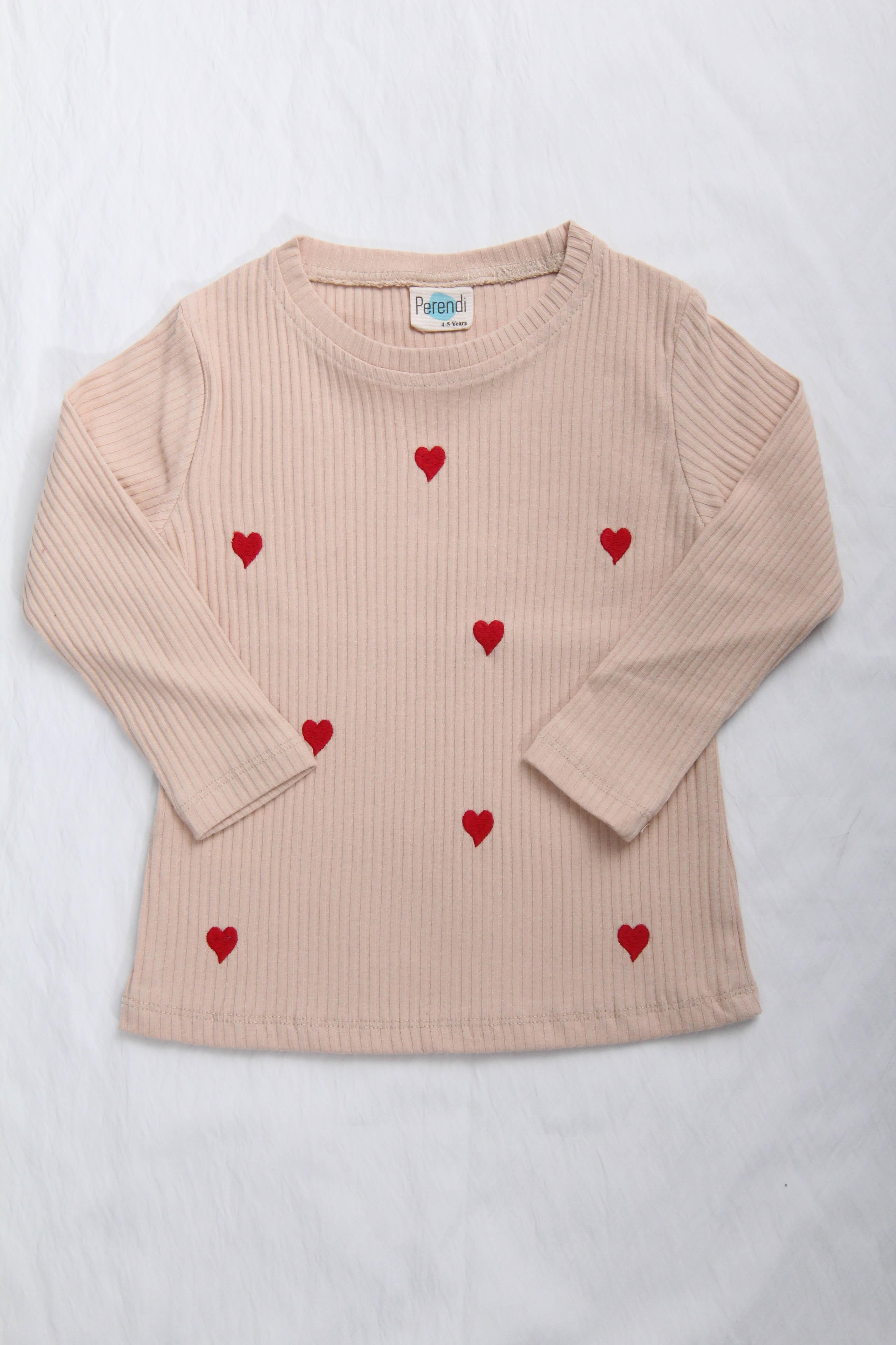 %100 Pamuklu Minik Kalp Nakışlı Kız Çocuk Sweatshirt Bej - Perendi