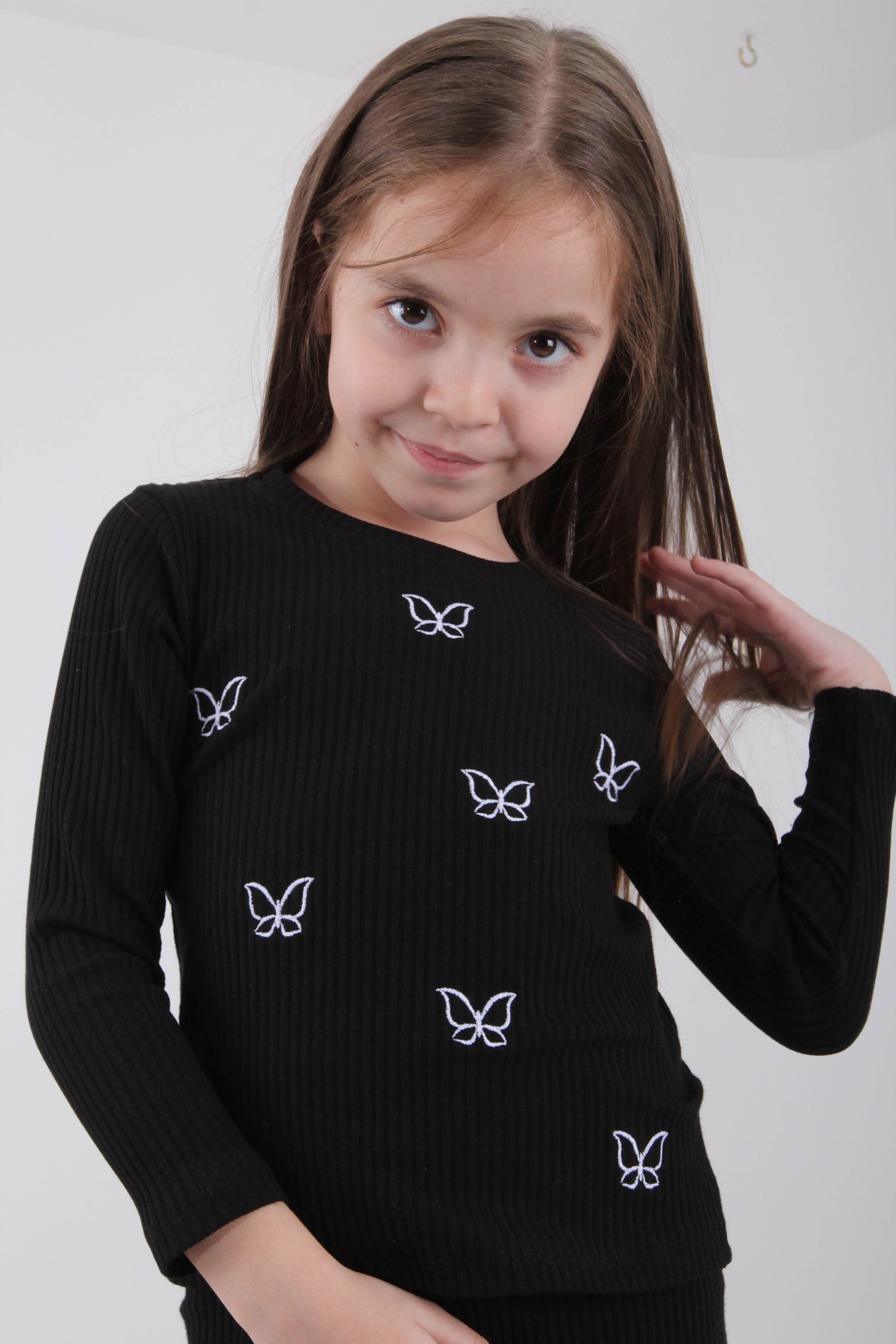 %100 Pamuklu Minik Kelebek Nakışlı Kız Çocuk Sweatshirt