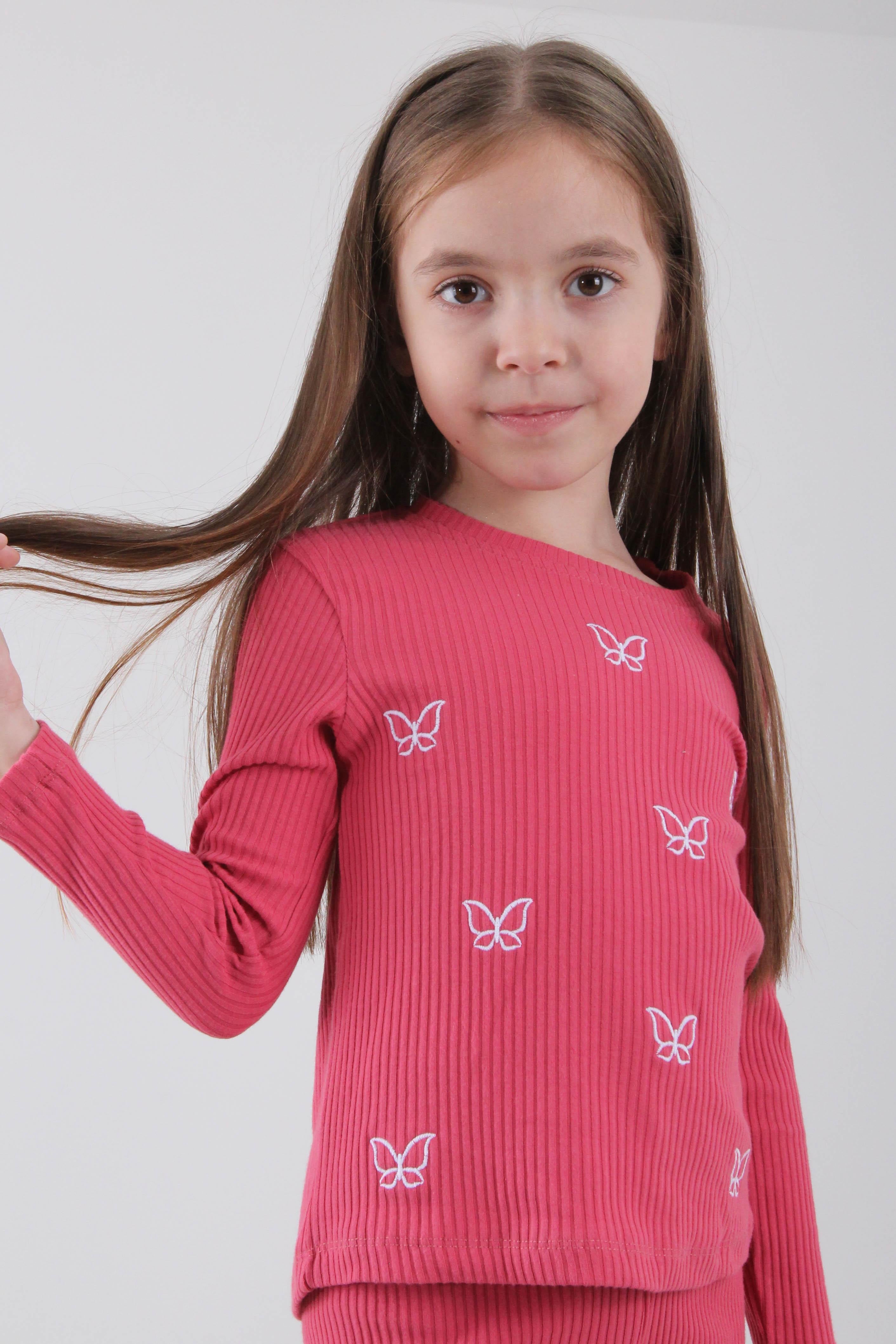 %100 Pamuklu Minik Kelebek Nakışlı Kız Çocuk Sweatshirt Gül Kurusu - Perendi