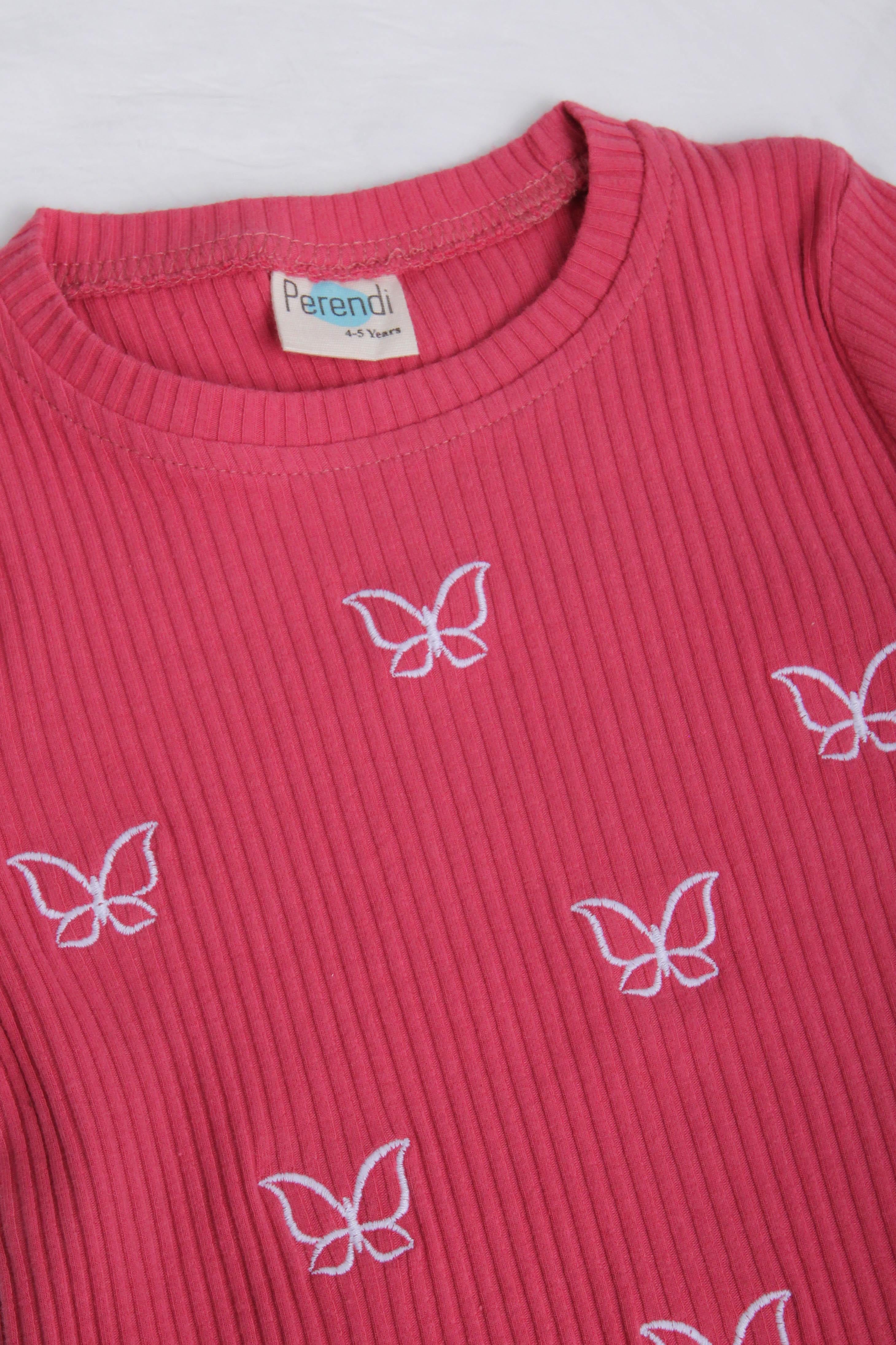 %100 Pamuklu Minik Kelebek Nakışlı Kız Çocuk Sweatshirt Gül Kurusu - Perendi