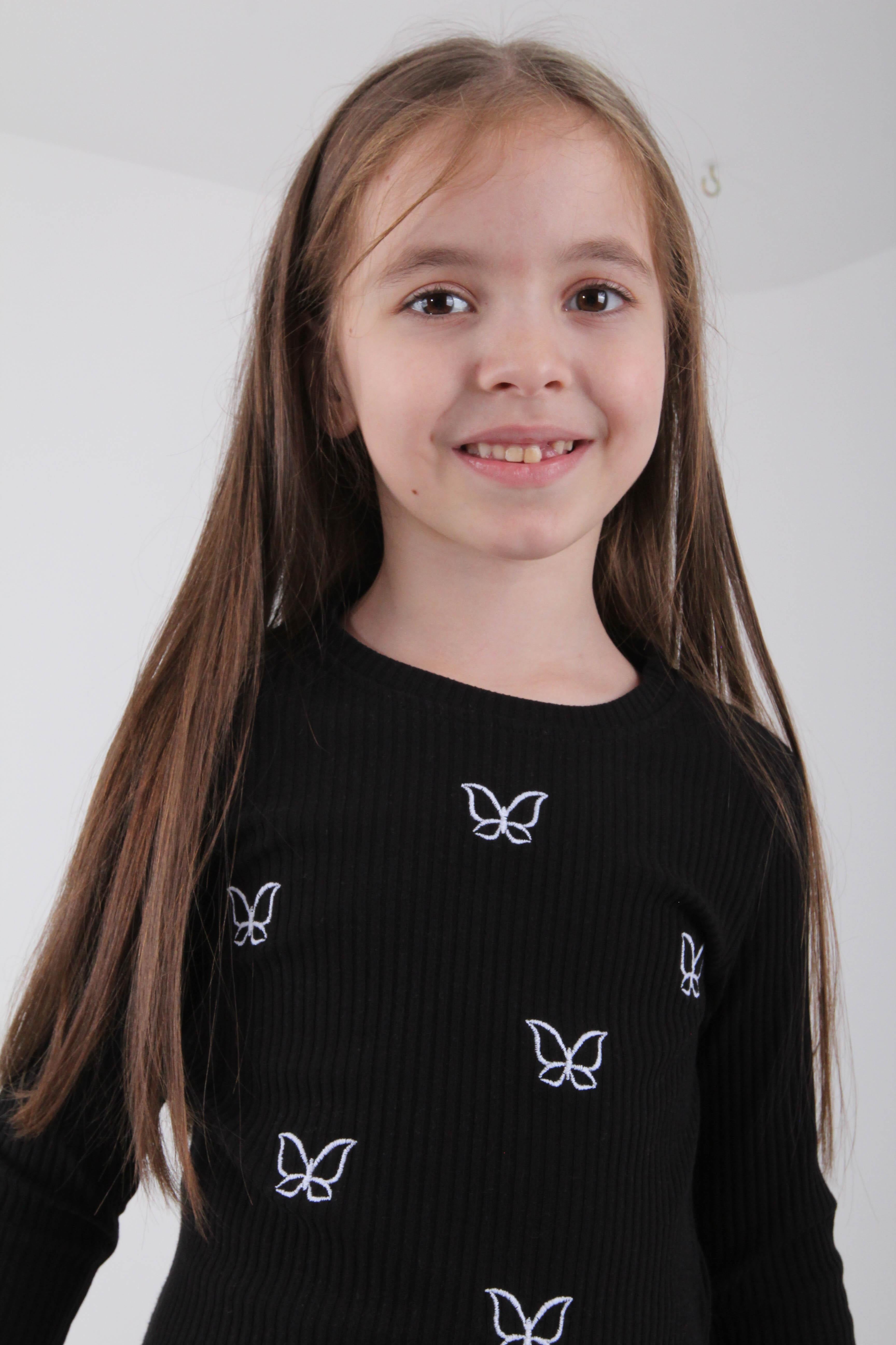 %100 Pamuklu Minik Kelebek Nakışlı Kız Çocuk Sweatshirt Siyah - Perendi