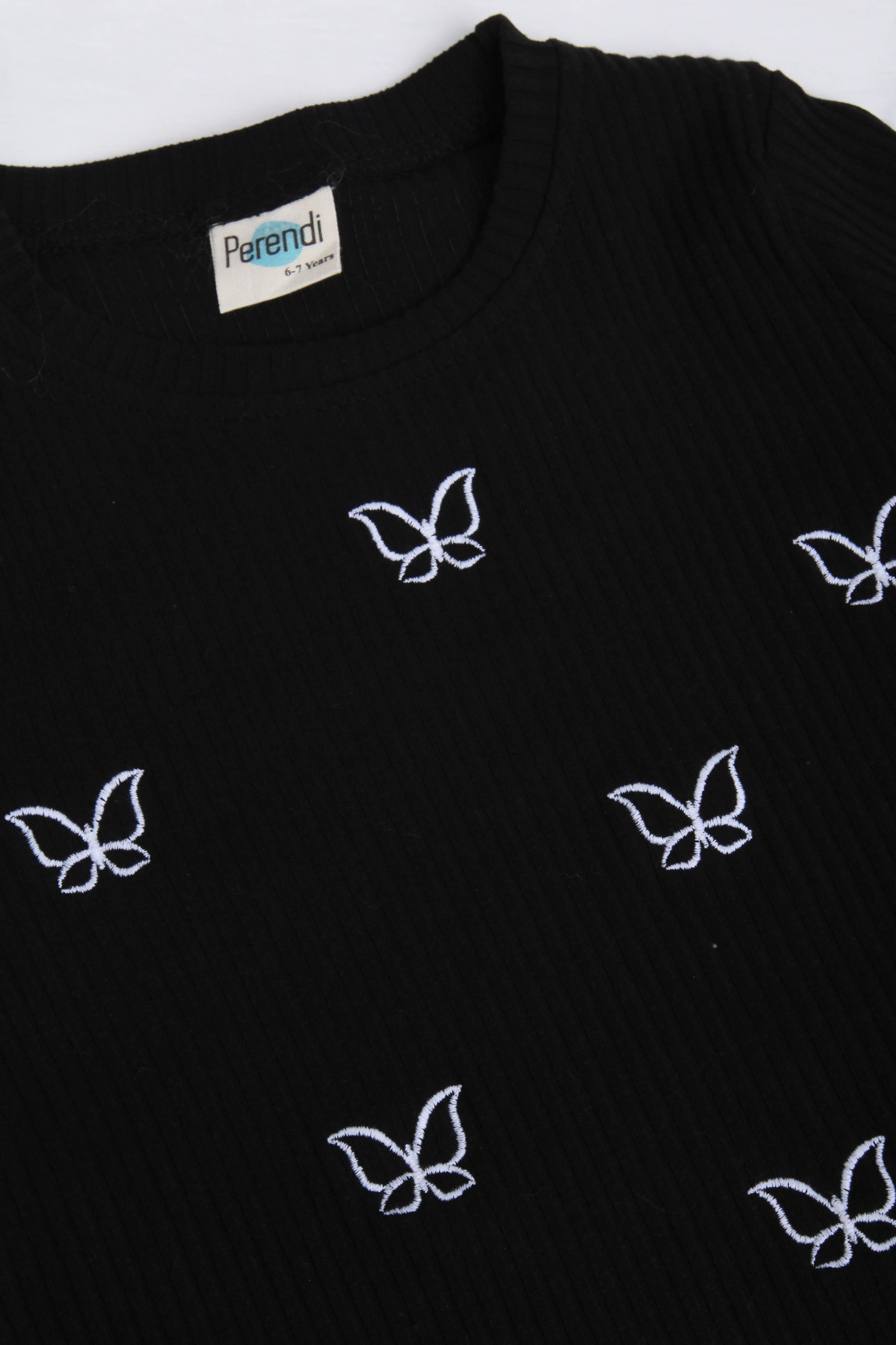 %100 Pamuklu Minik Kelebek Nakışlı Kız Çocuk Sweatshirt Siyah - Perendi