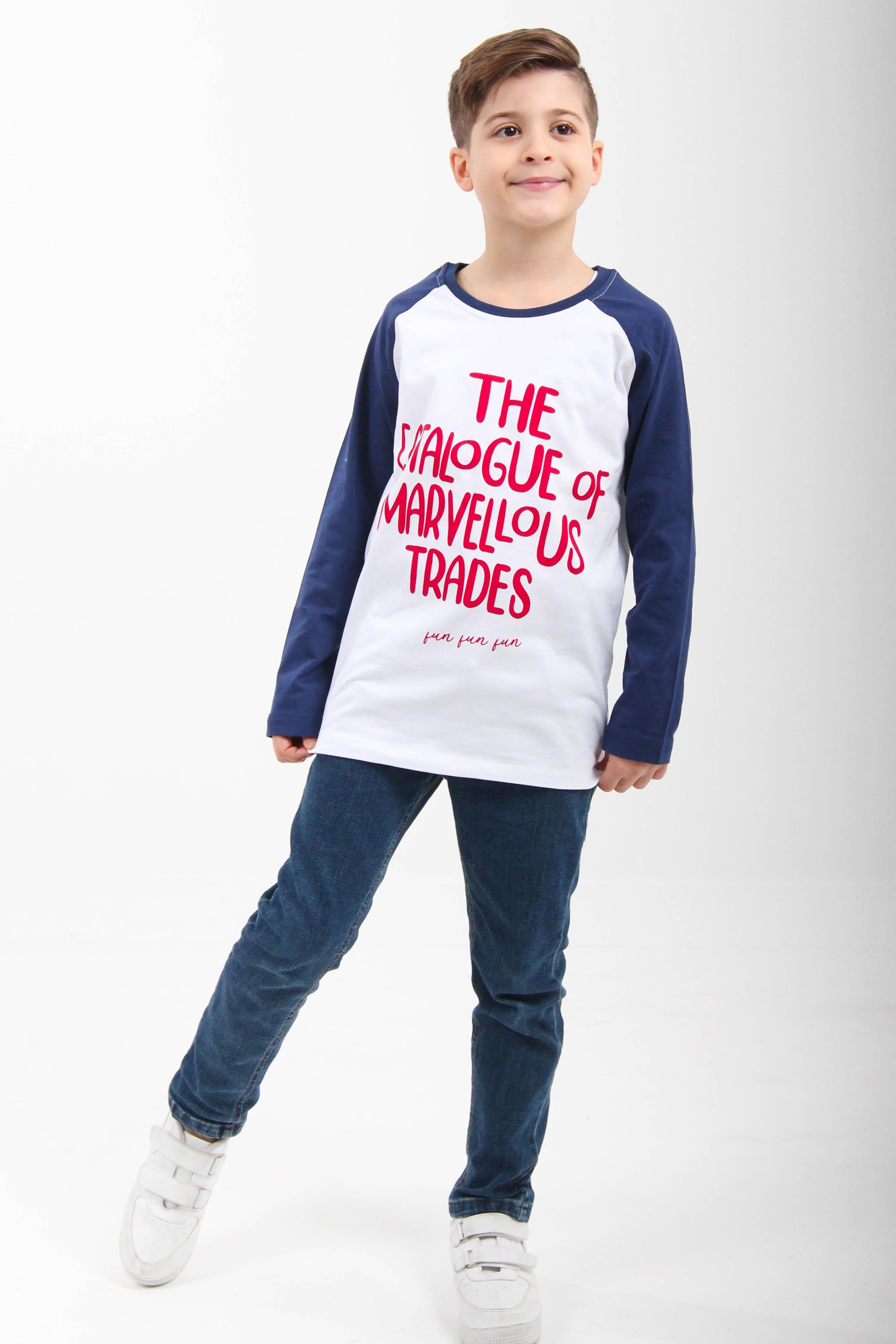 %100 Pamuklu Uzun Kollu Baskılı Erkek Çocuk Tshirt Lacivert - Perendi