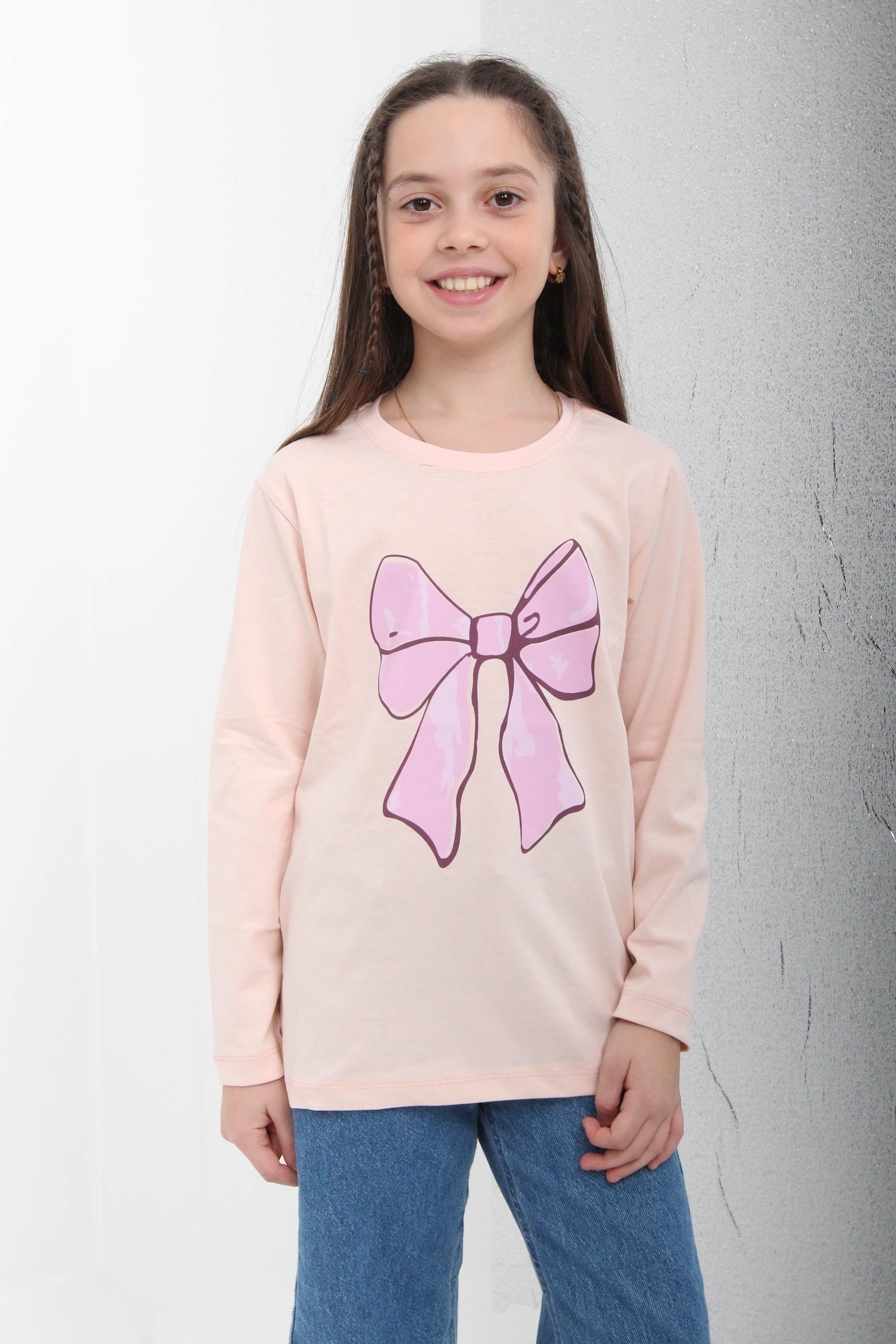 %100 Pamuklu Uzun Kollu Fiyonk Baskılı Kız Çocuk Tshirt Pudra - Perendi