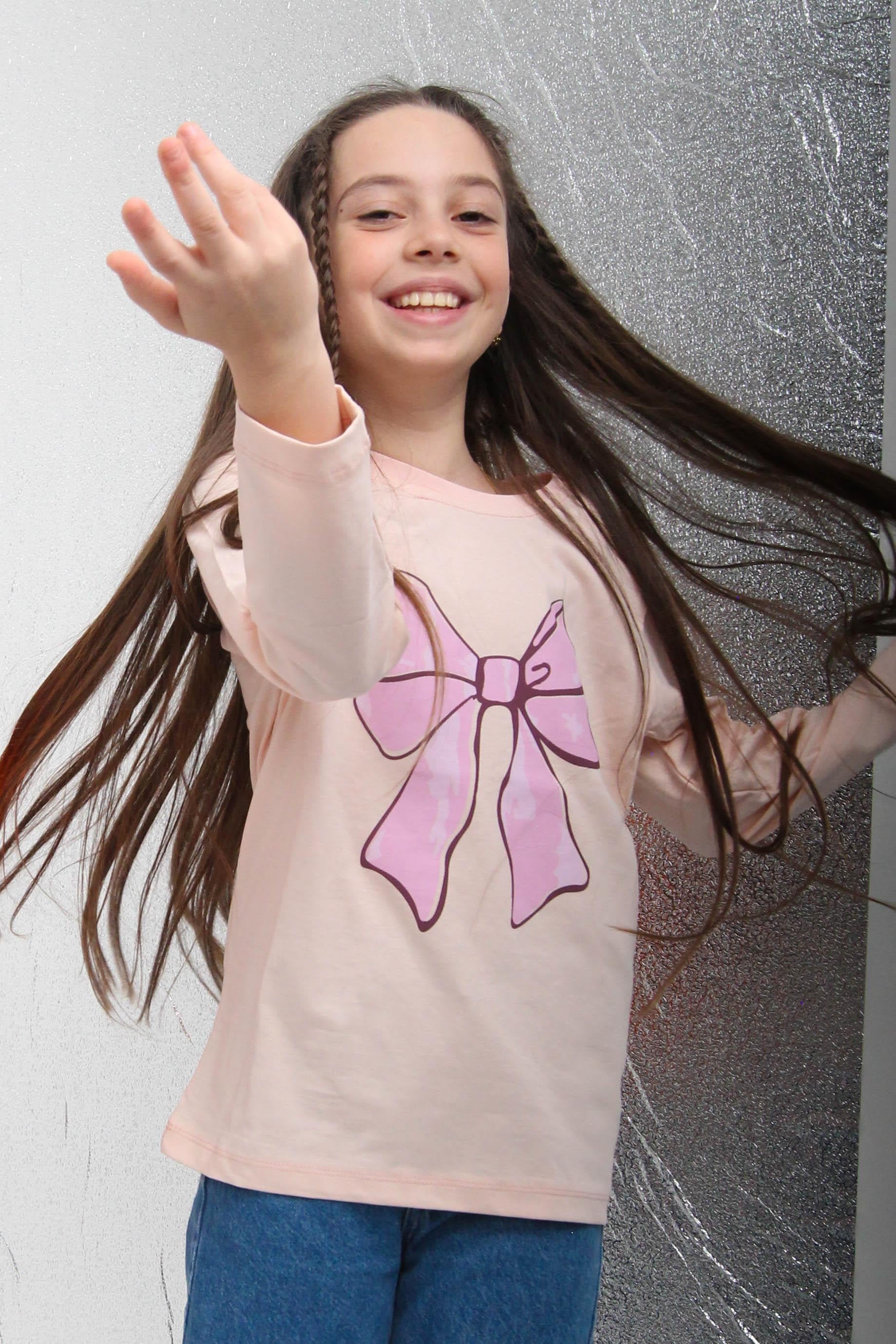 %100 Pamuklu Uzun Kollu Fiyonk Baskılı Kız Çocuk Tshirt Pudra - Perendi