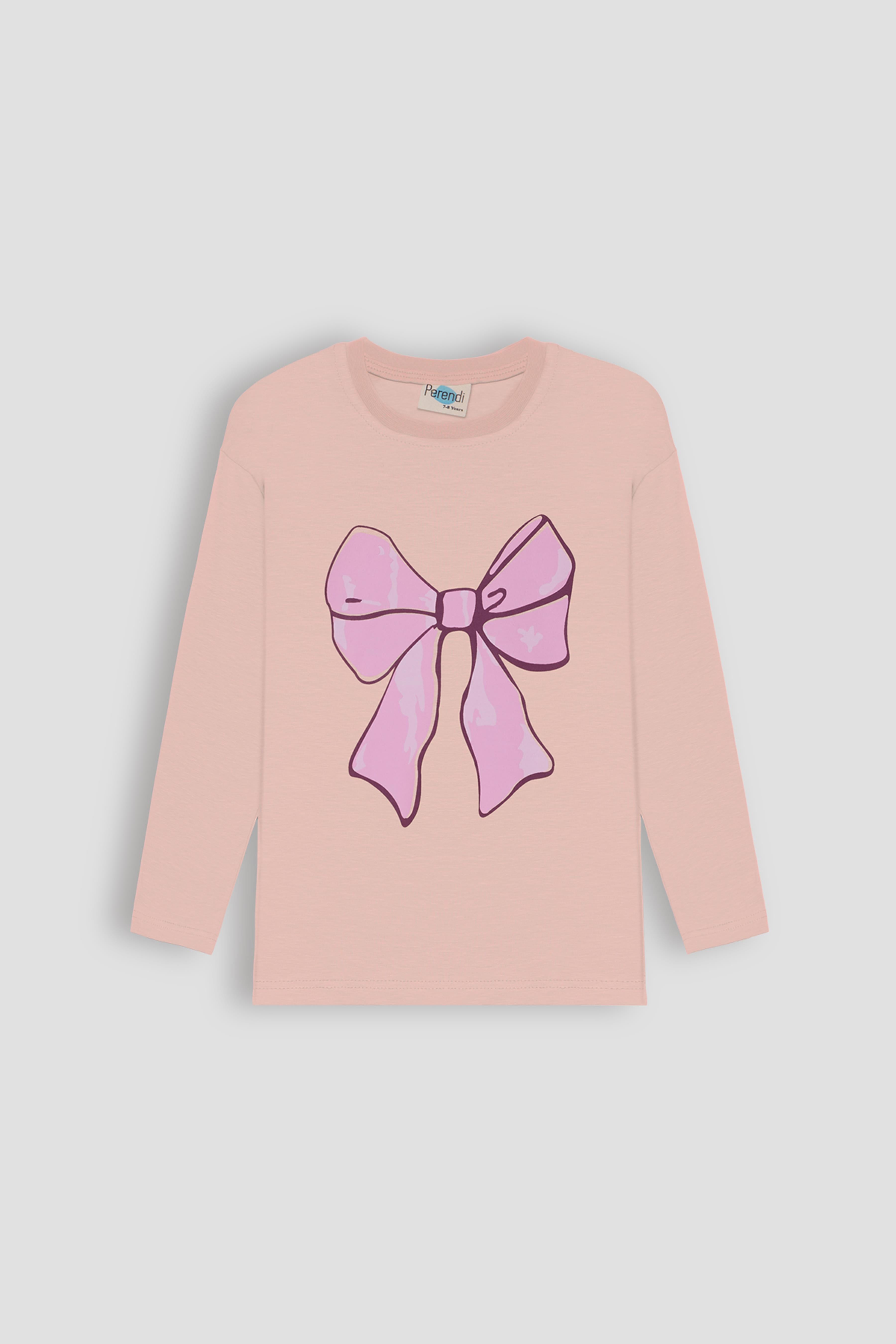 %100 Pamuklu Uzun Kollu Fiyonk Baskılı Kız Çocuk Tshirt Pudra - Perendi