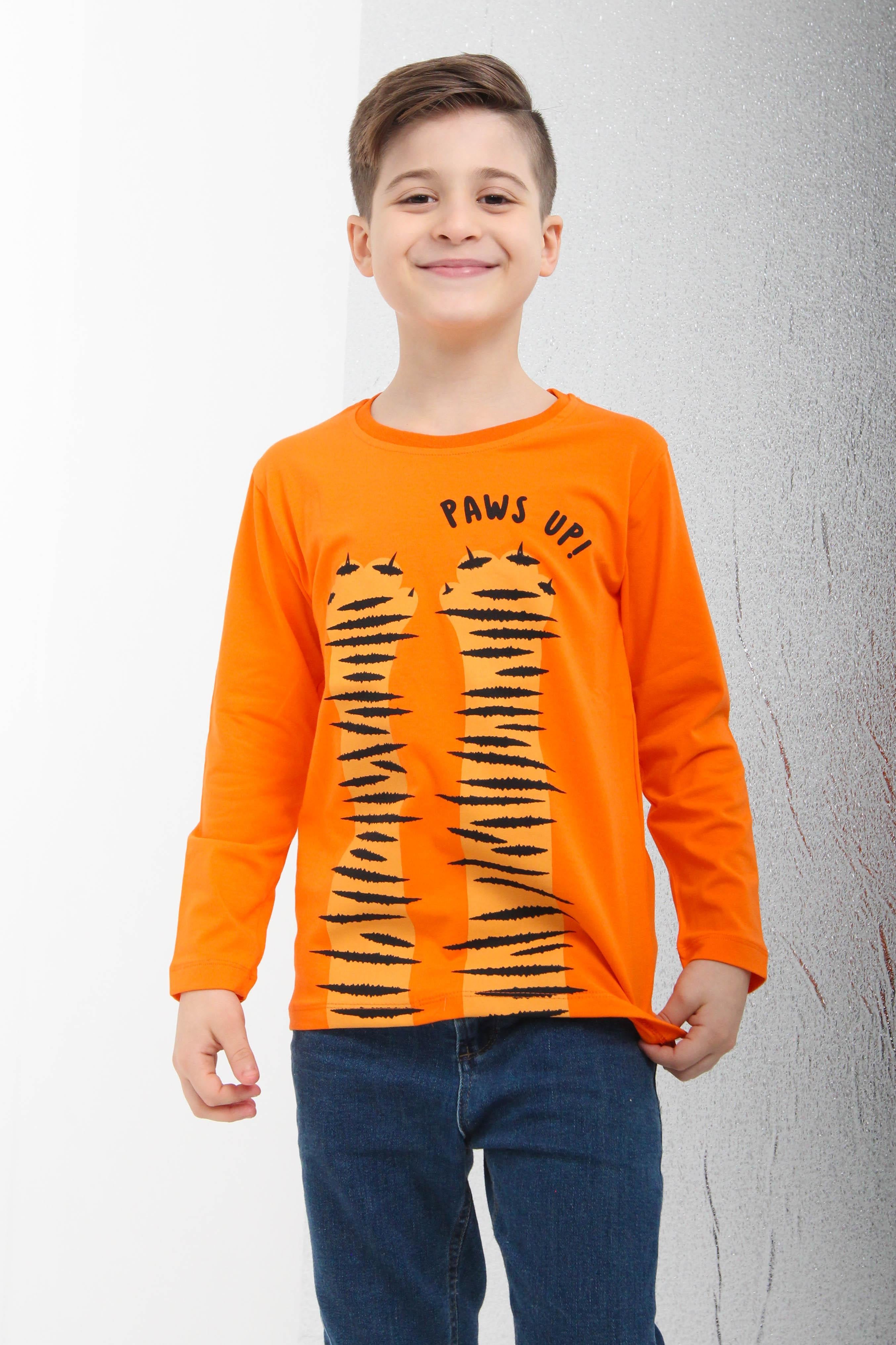 %100 Pamuklu Uzun Kollu Paws Up Baskılı Erkek Çocuk Tshirt