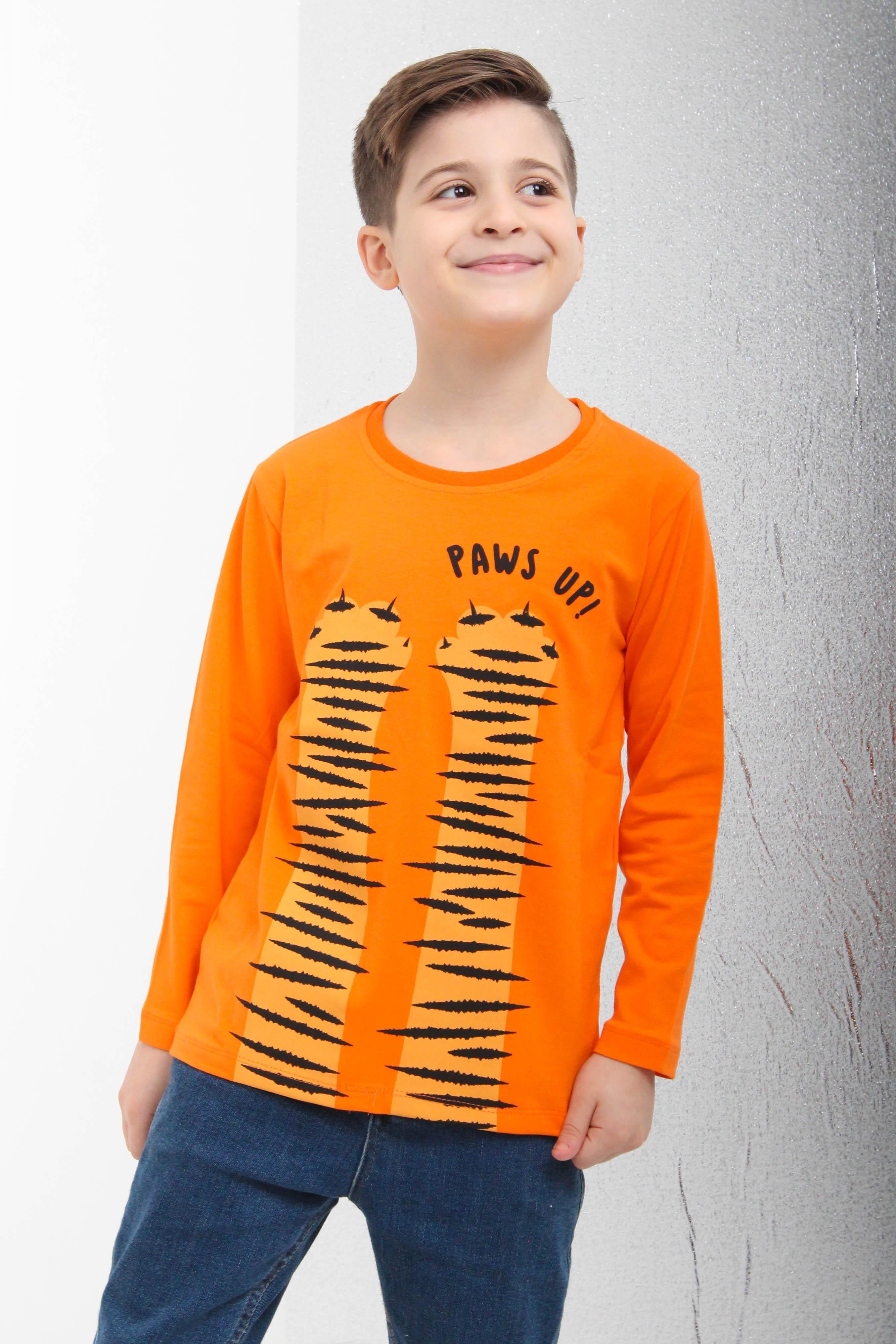 %100 Pamuklu Uzun Kollu Paws Up Baskılı Erkek Çocuk Tshirt