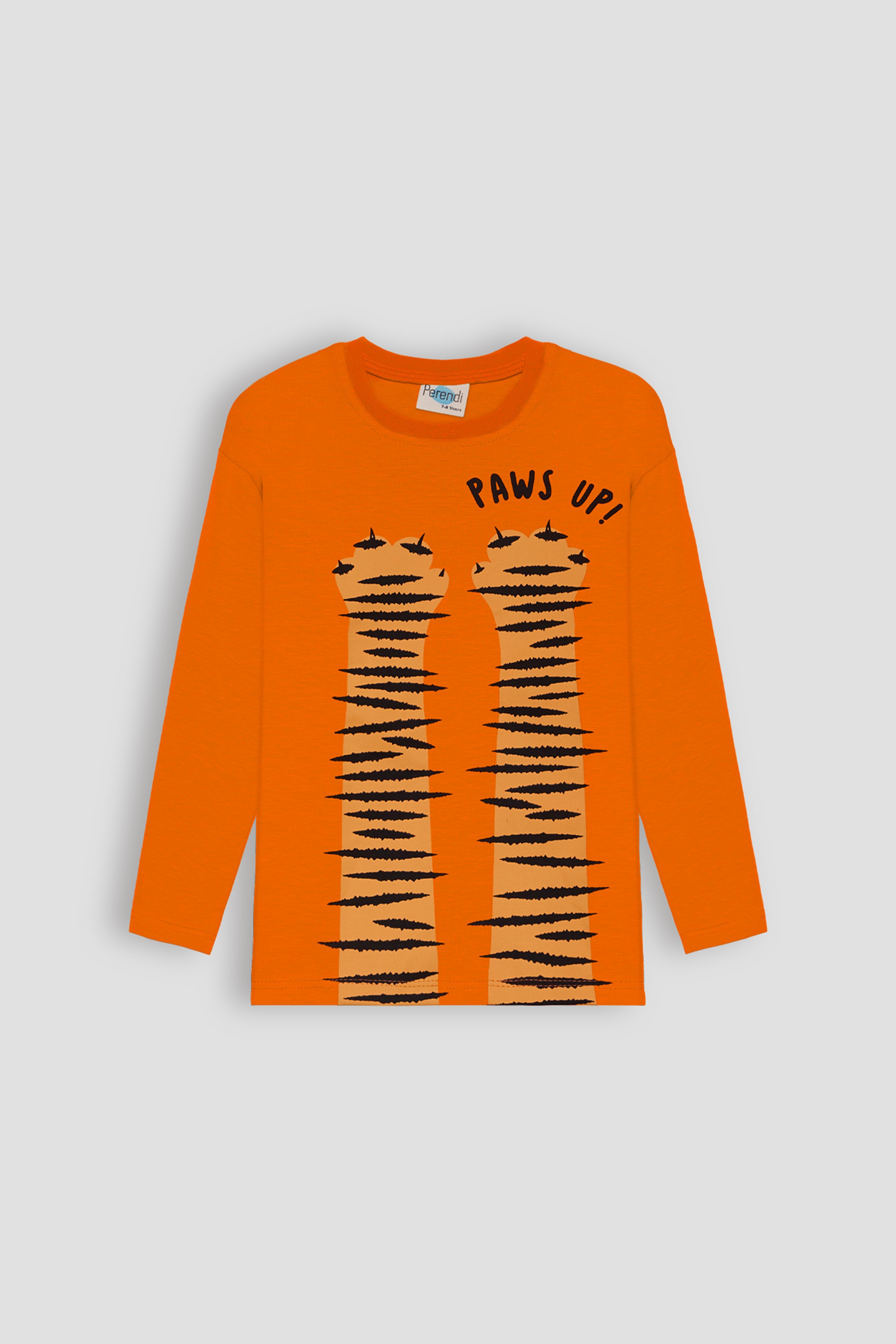%100 Pamuklu Uzun Kollu Paws Up Baskılı Erkek Çocuk Tshirt Turuncu - Perendi