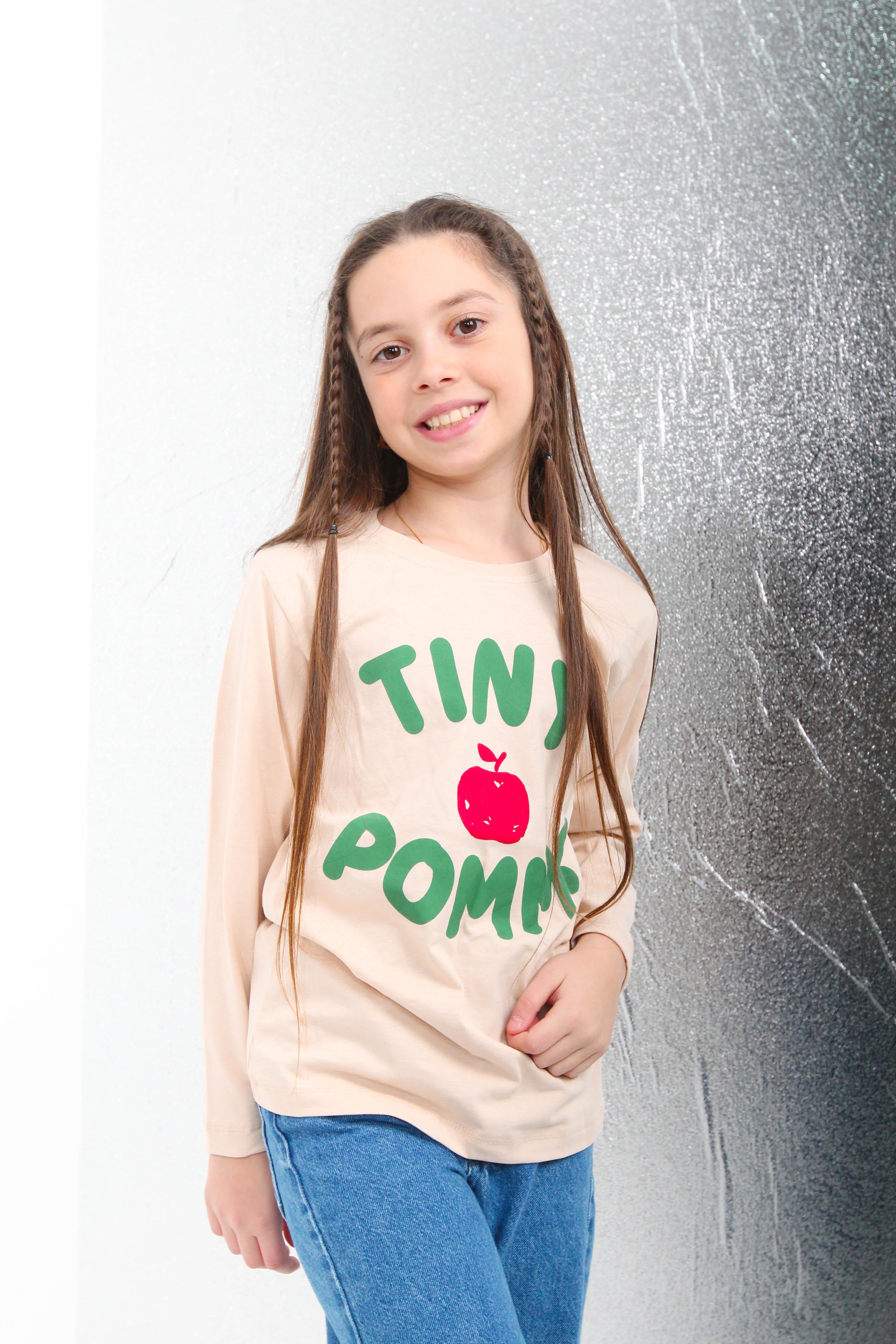 %100 Pamuklu Uzun Kollu Tiny Pomme Baskılı Kız ve Erkek Çocuk Unisex Tshirt