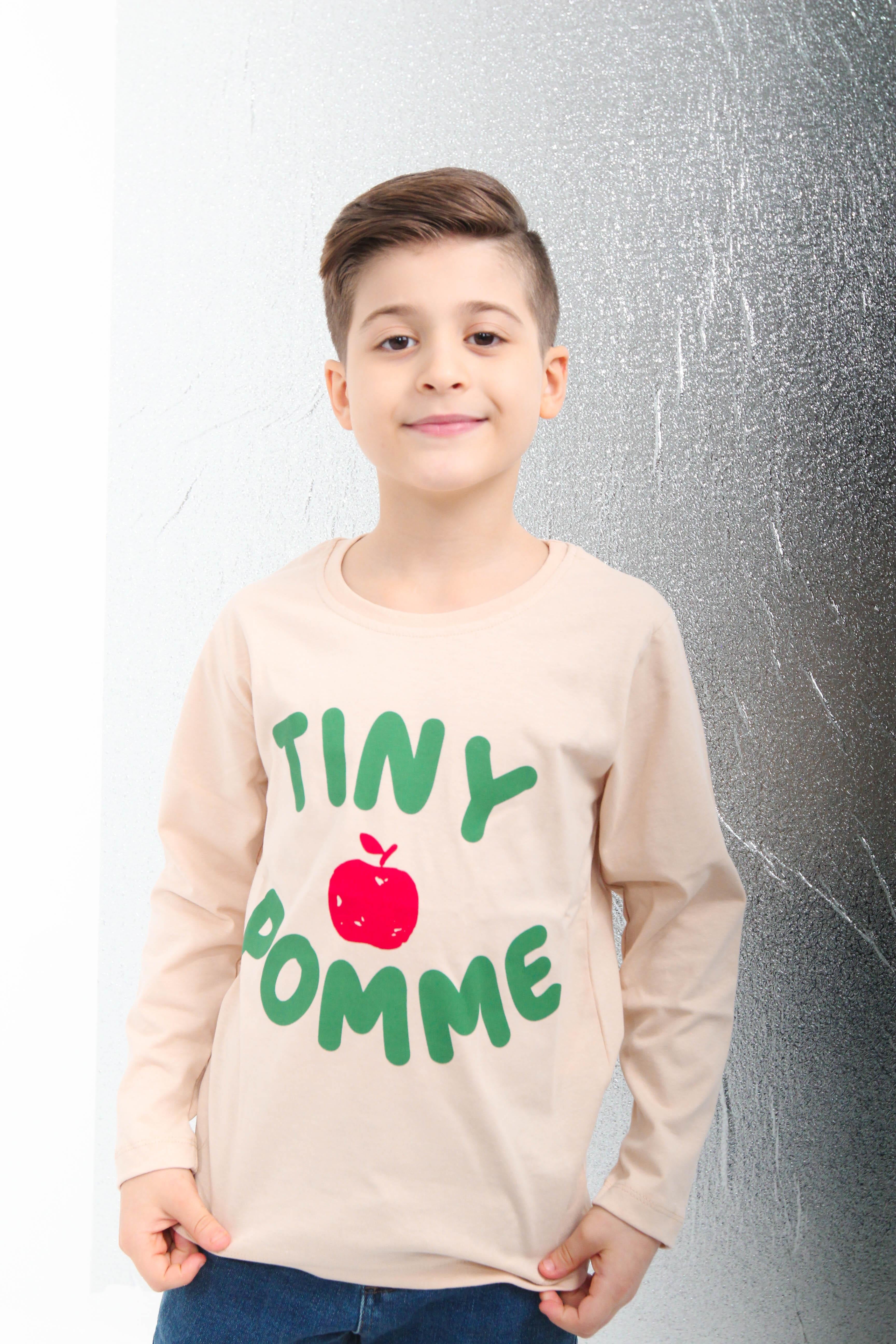 %100 Pamuklu Uzun Kollu Tiny Pomme Baskılı Kız ve Erkek Çocuk Unisex Tshirt