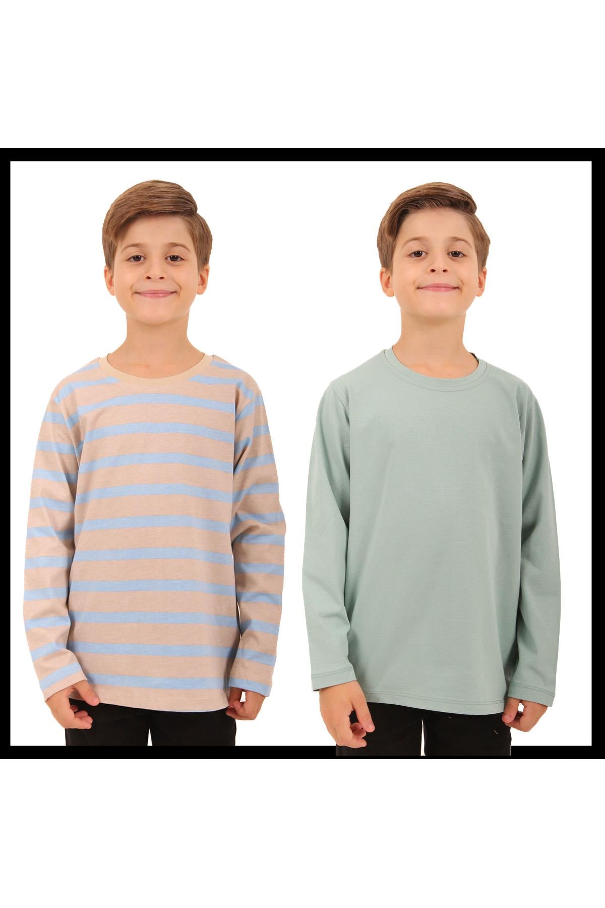 2'li Bisiklet Yaka Uzun Kollu Çizgili Ve Düz Unisex Çocuk Sweatshirt Açık Mavi-Bej - Perendi