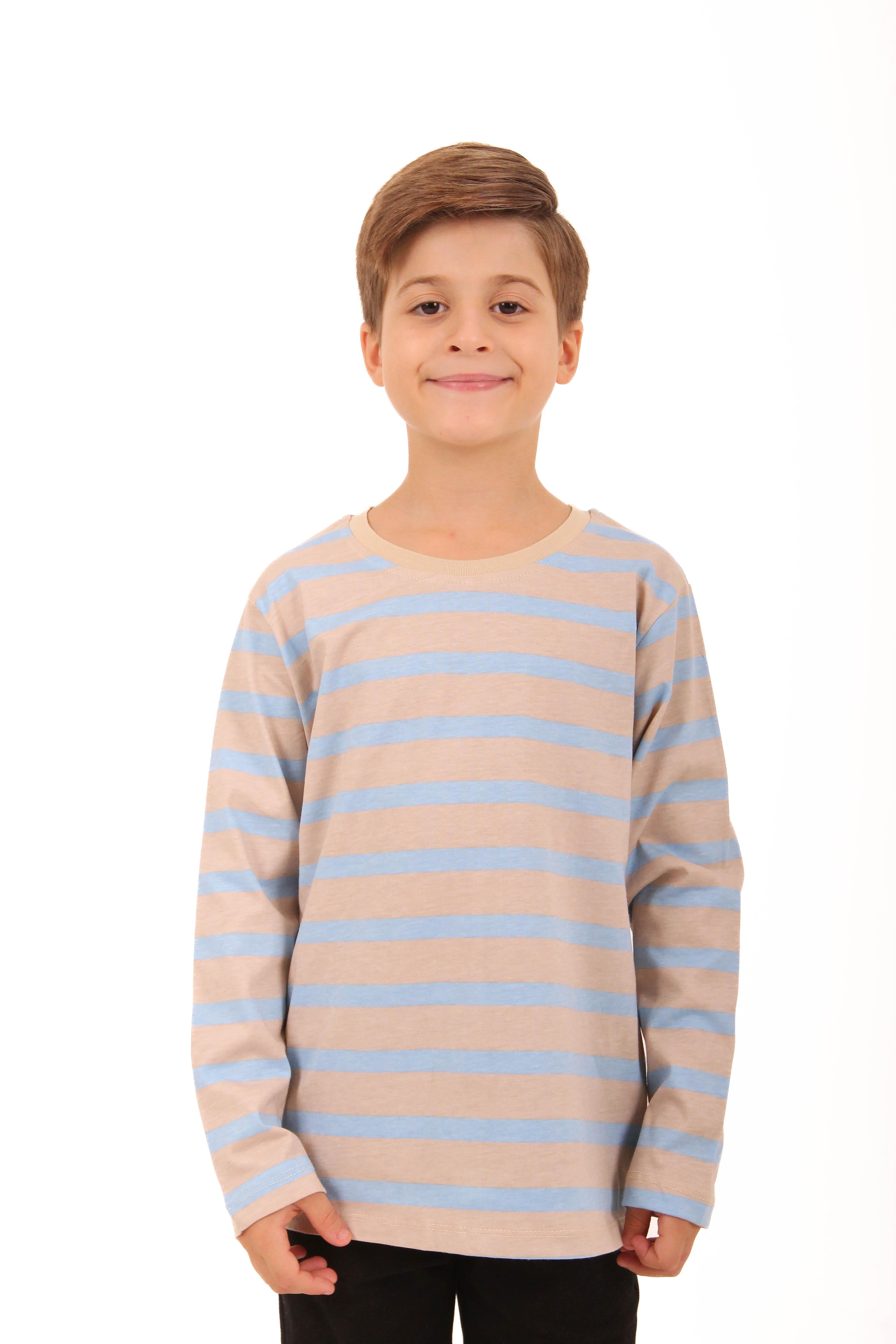 2'li Bisiklet Yaka Uzun Kollu Çizgili Ve Düz Unisex Çocuk Sweatshirt Açık Mavi-Bej - Perendi