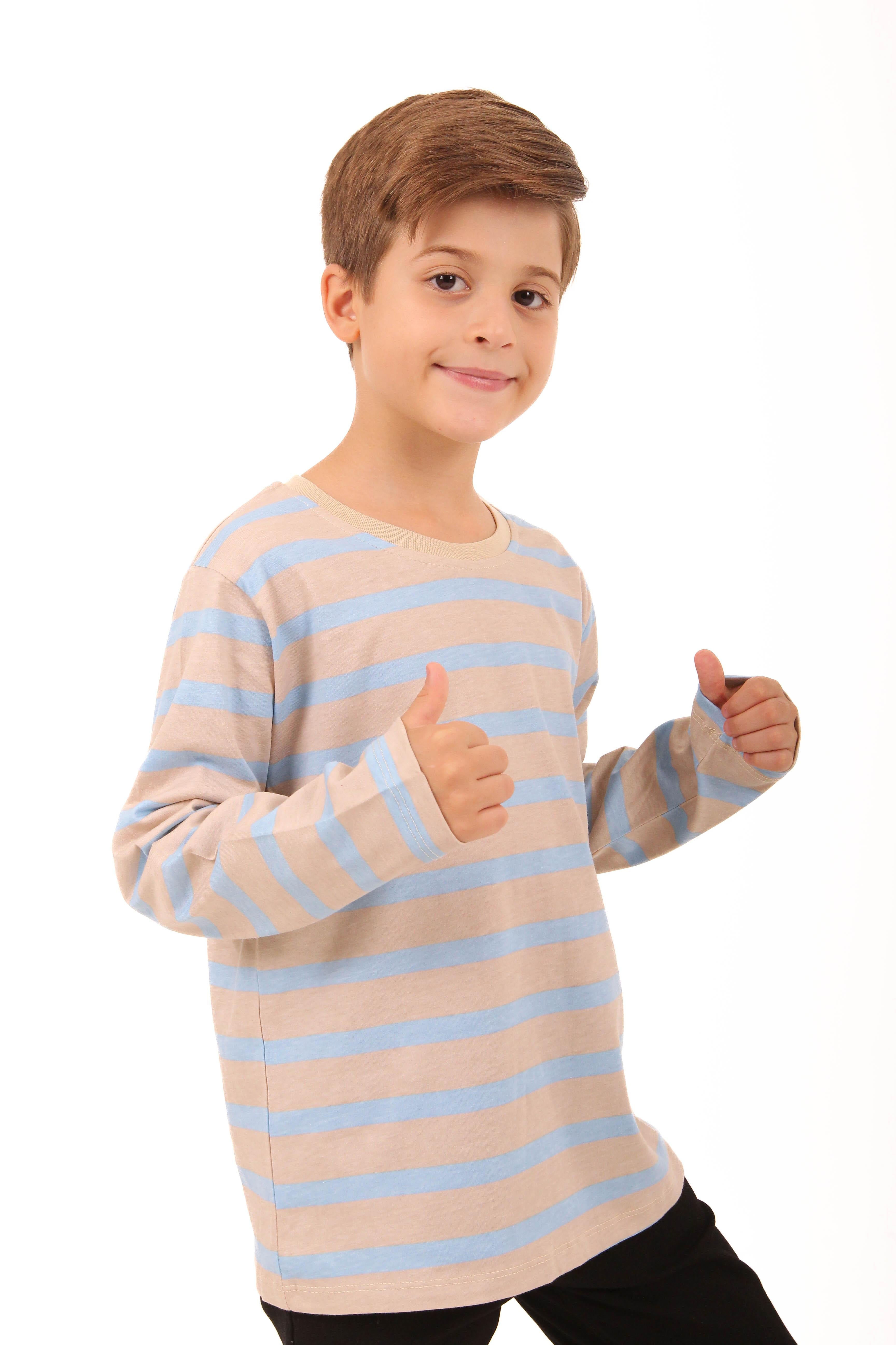 2'li Bisiklet Yaka Uzun Kollu Çizgili Ve Düz Unisex Çocuk Sweatshirt Açık Mavi-Bej - Perendi