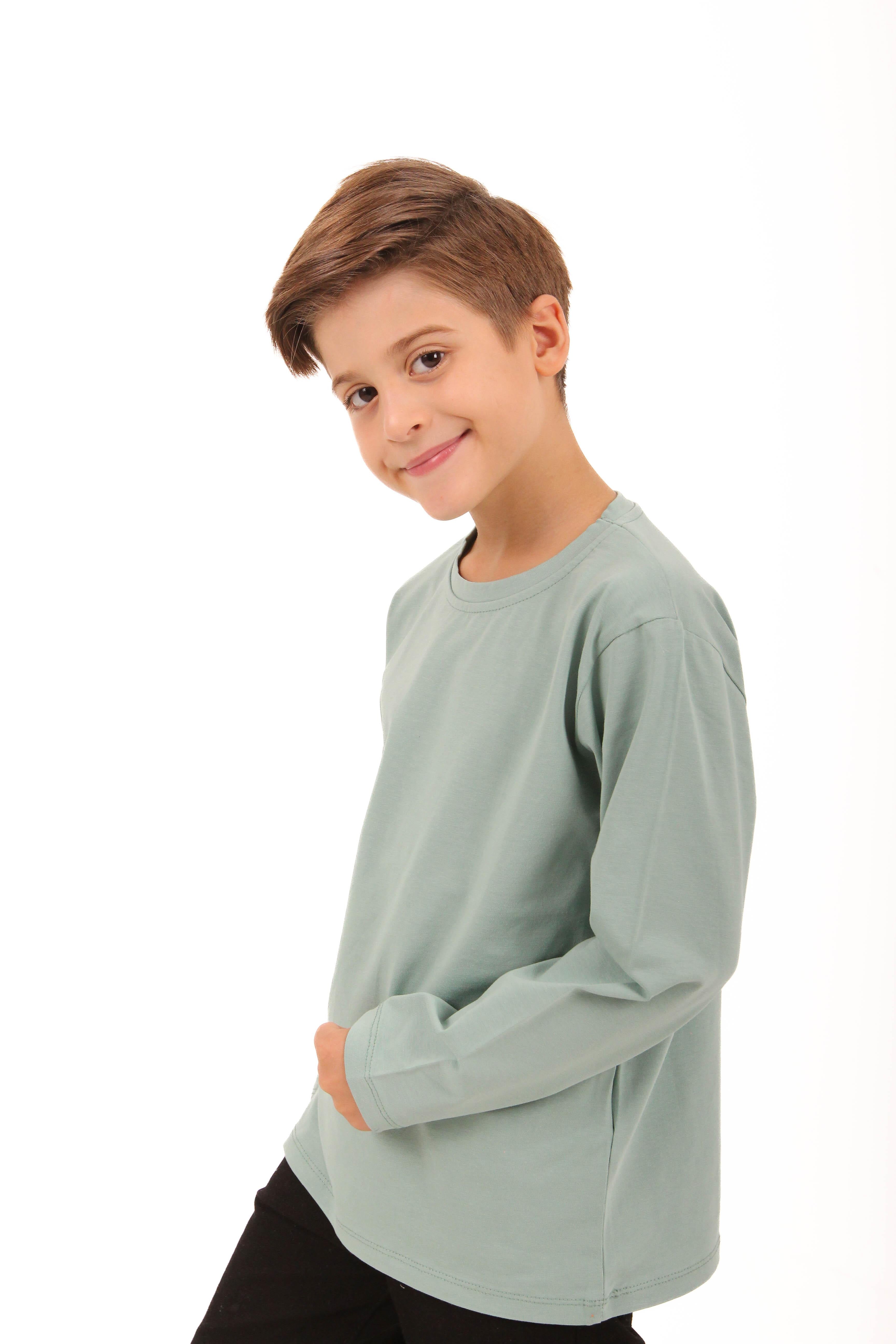 2'li Bisiklet Yaka Uzun Kollu Çizgili Ve Düz Unisex Çocuk Sweatshirt Açık Mavi-Bej - Perendi