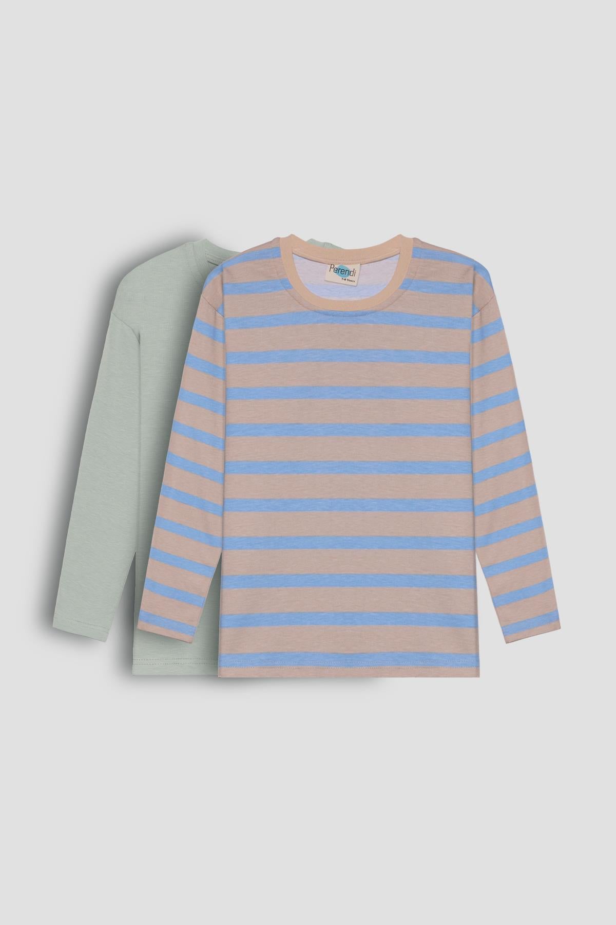 2'li Bisiklet Yaka Uzun Kollu Çizgili Ve Düz Unisex Çocuk Sweatshirt Açık Mavi-Bej - Perendi
