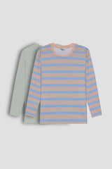 2-Pack Crew Neck Long Sleeve Striped and Plain Unisex Kids Sweatshirt Light Blue-Beige