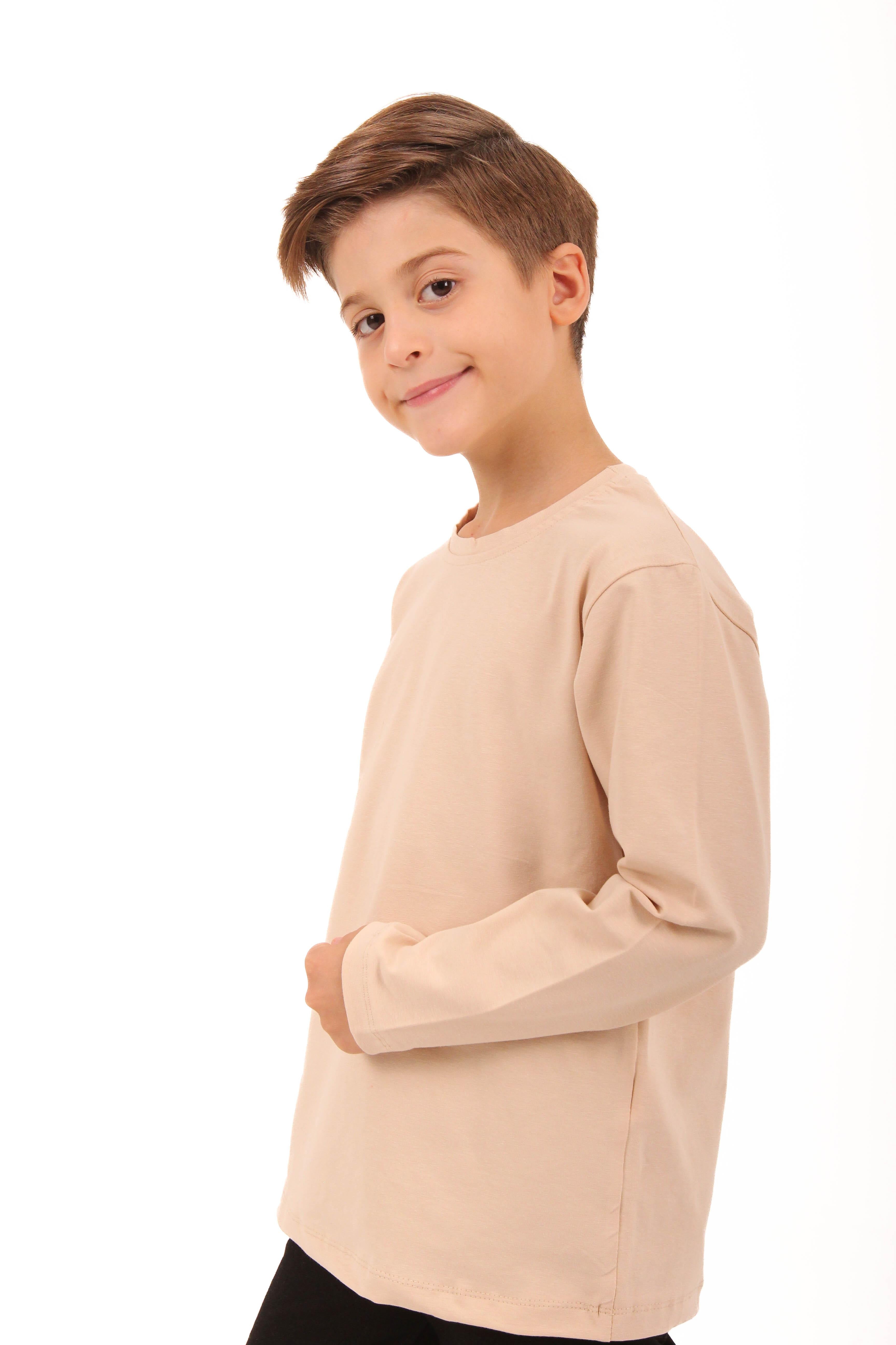 2'li Bisiklet Yaka Uzun Kollu Çizgili Ve Düz Unisex Çocuk Sweatshirt Haki Bej-Bej - Perendi