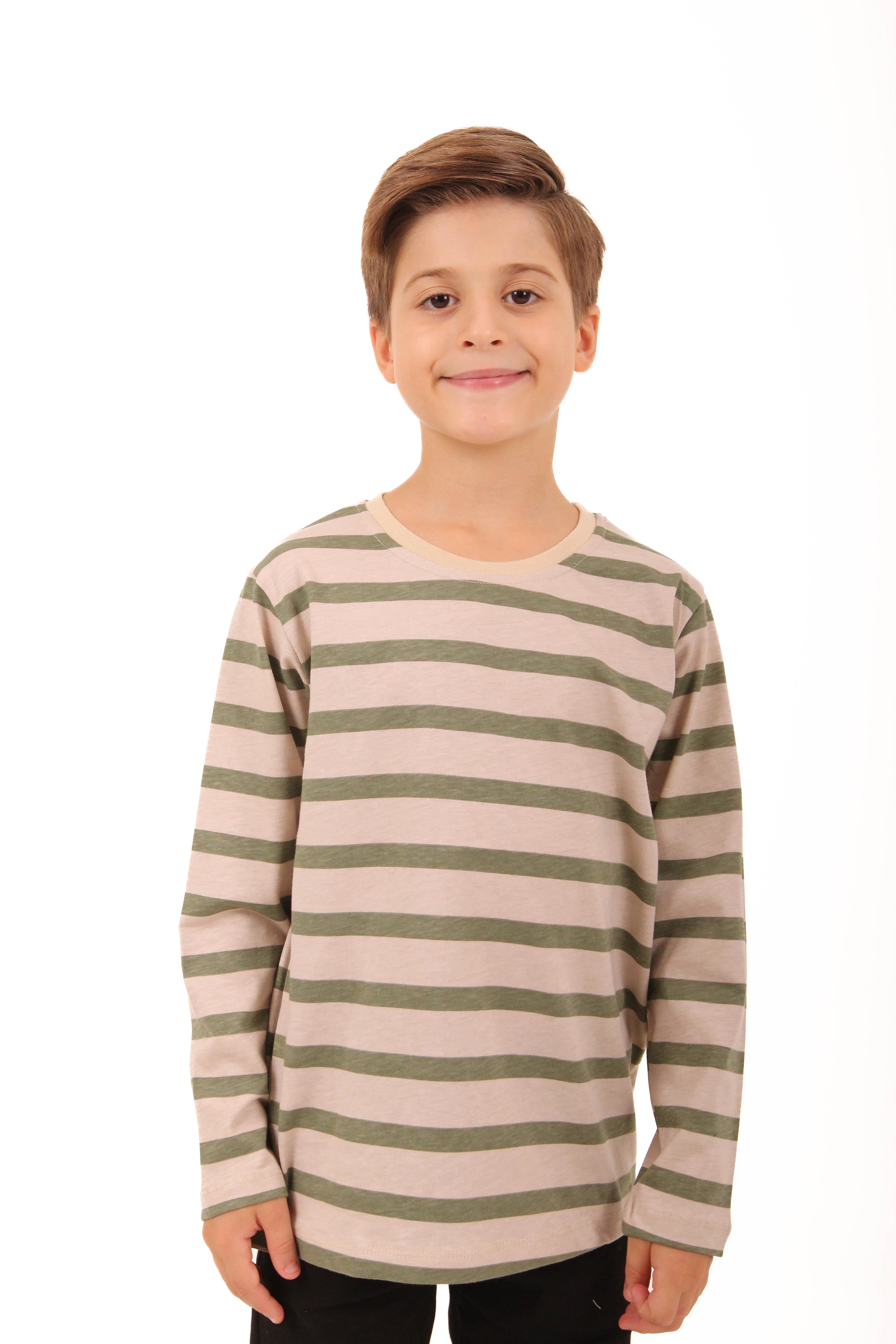 2'li Bisiklet Yaka Uzun Kollu Çizgili Ve Düz Unisex Çocuk Sweatshirt Haki Bej-Bej - Perendi