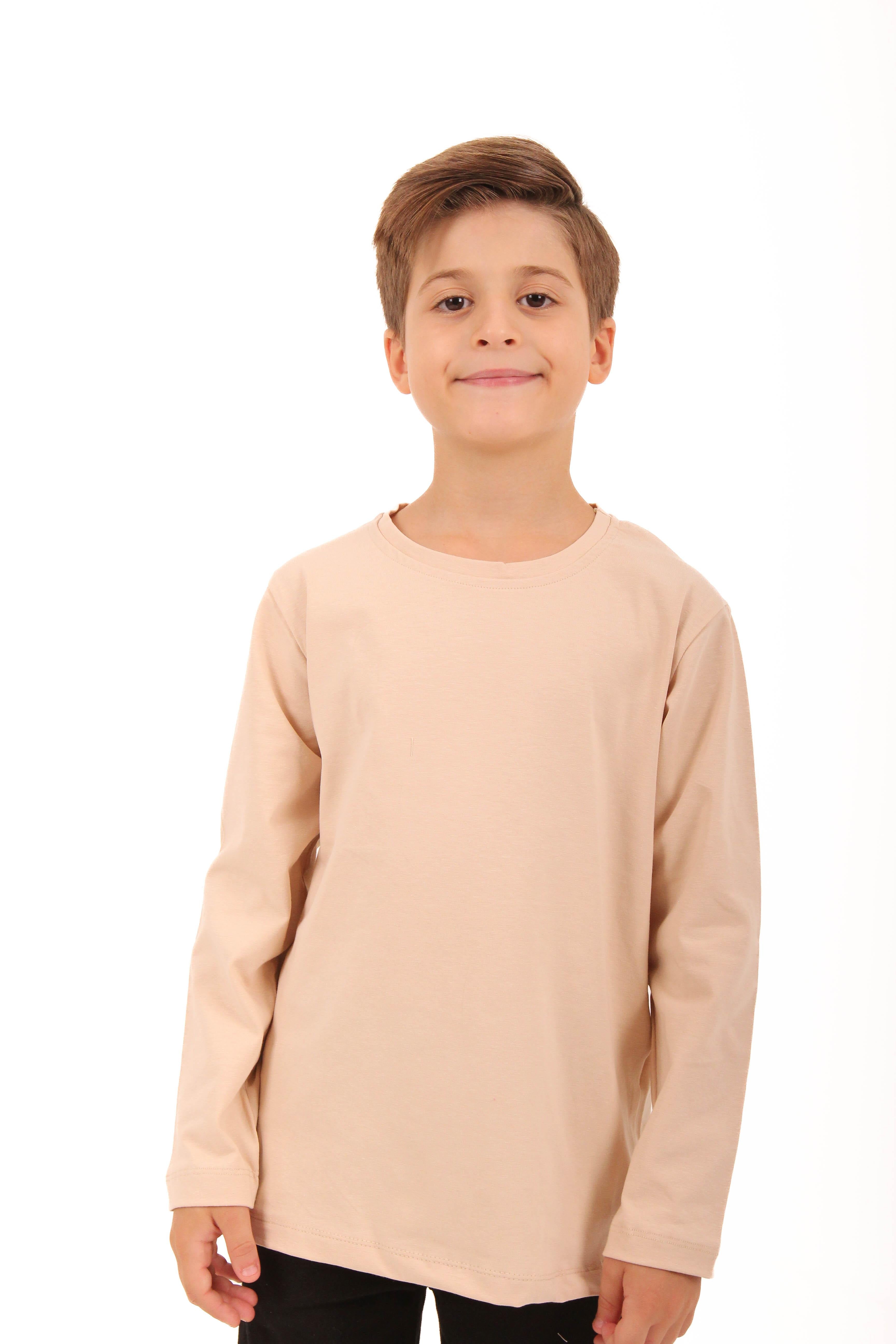 2'li Bisiklet Yaka Uzun Kollu Çizgili Ve Düz Unisex Çocuk Sweatshirt Haki Bej-Bej - Perendi
