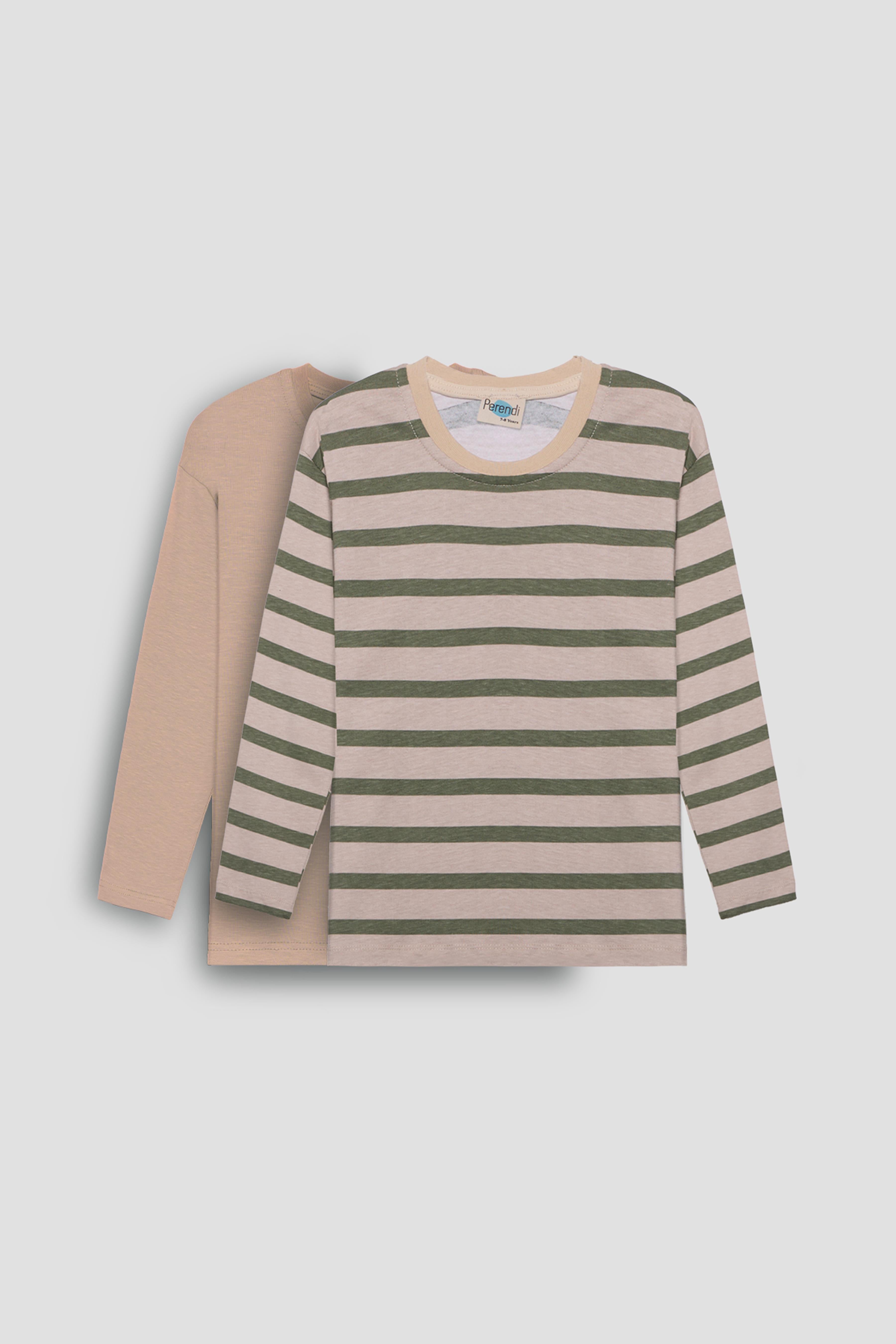 2'li Bisiklet Yaka Uzun Kollu Çizgili Ve Düz Unisex Çocuk Sweatshirt Haki Bej-Bej - Perendi
