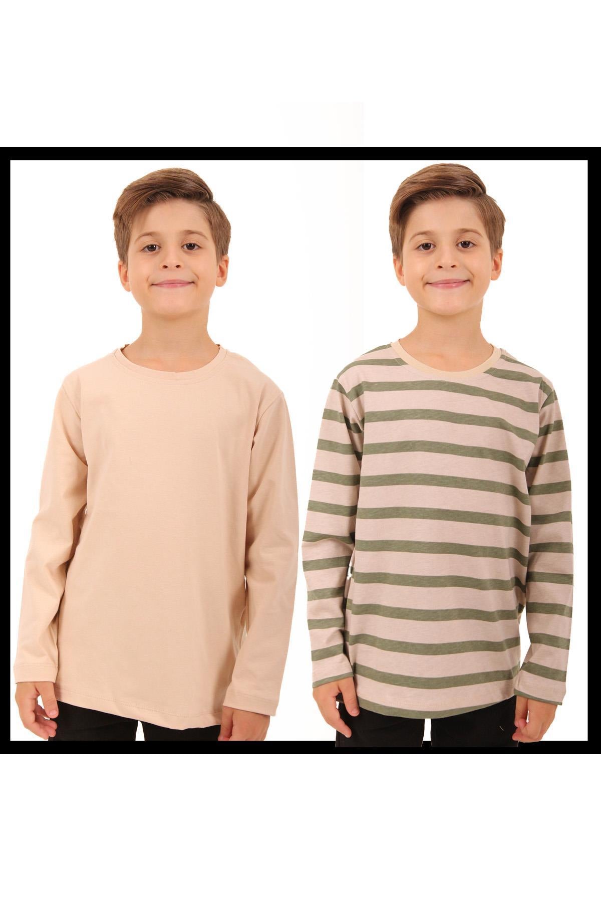 2'li Bisiklet Yaka Uzun Kollu Çizgili Ve Düz Unisex Çocuk Sweatshirt Haki Bej-Bej - Perendi