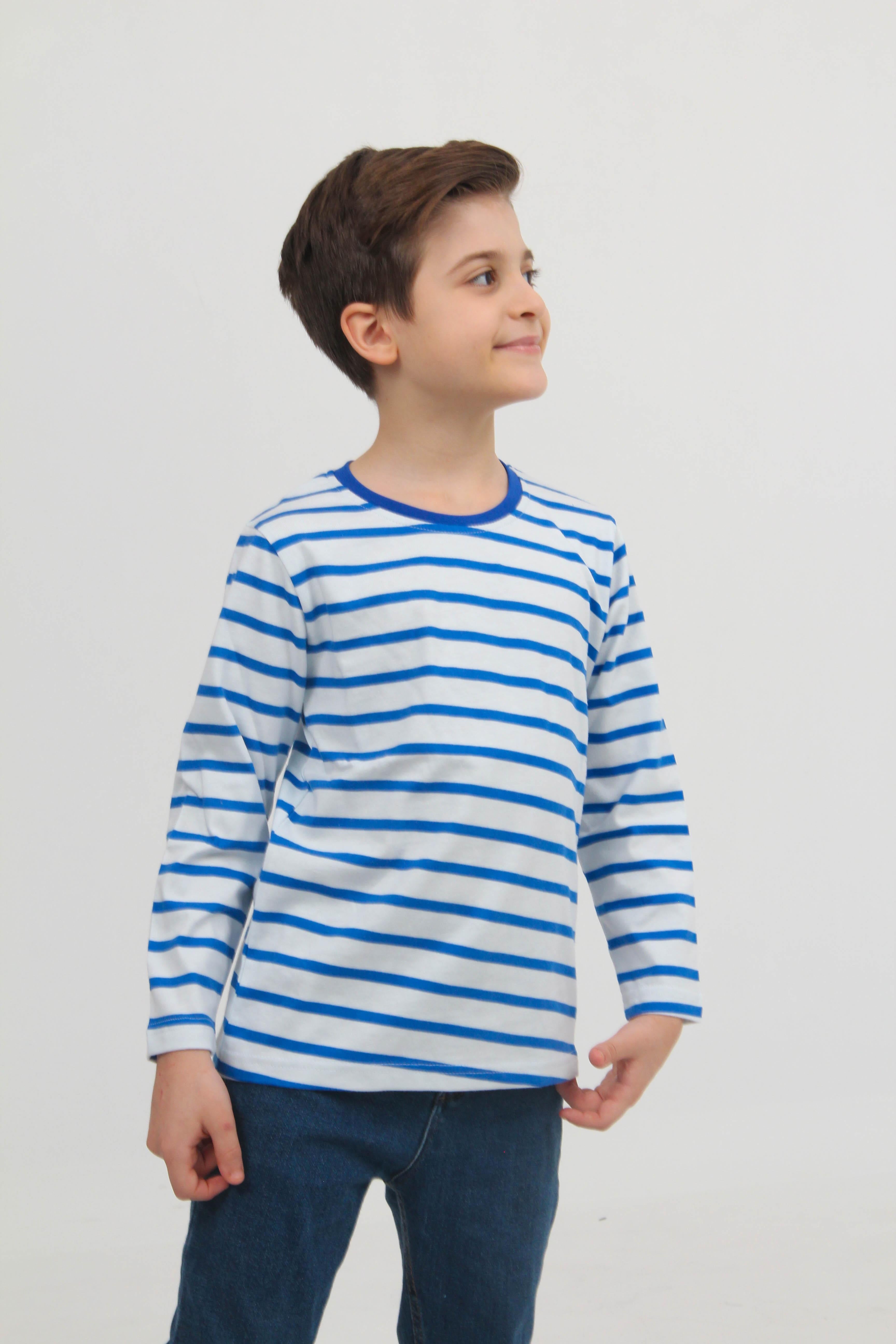 2'li Bisiklet Yaka Uzun Kollu Çizgili Ve Düz Unisex Çocuk Sweatshirt Mavi Beyaz - Perendi