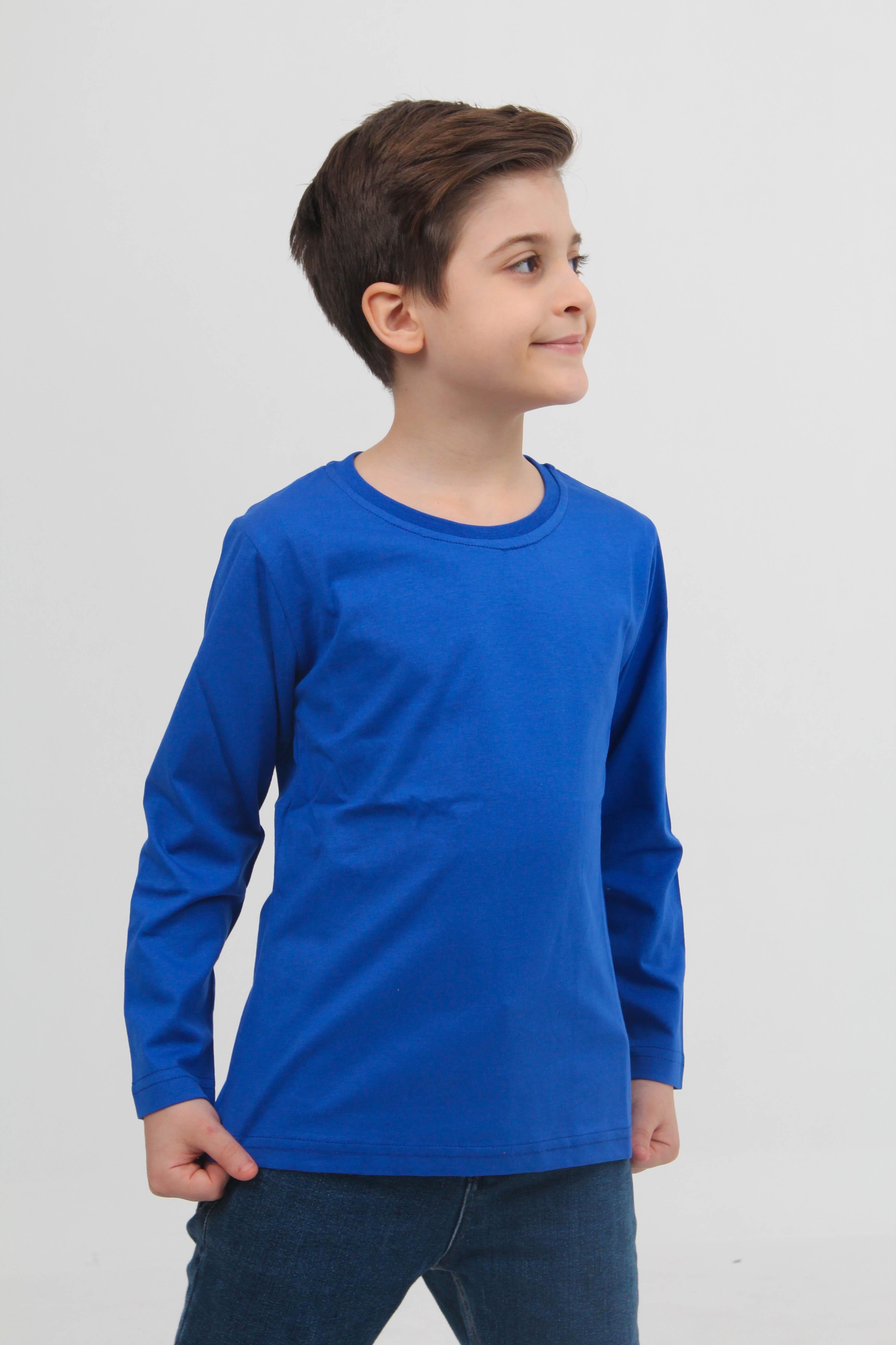 2'li Bisiklet Yaka Uzun Kollu Çizgili Ve Düz Unisex Çocuk Sweatshirt Mavi Beyaz - Perendi