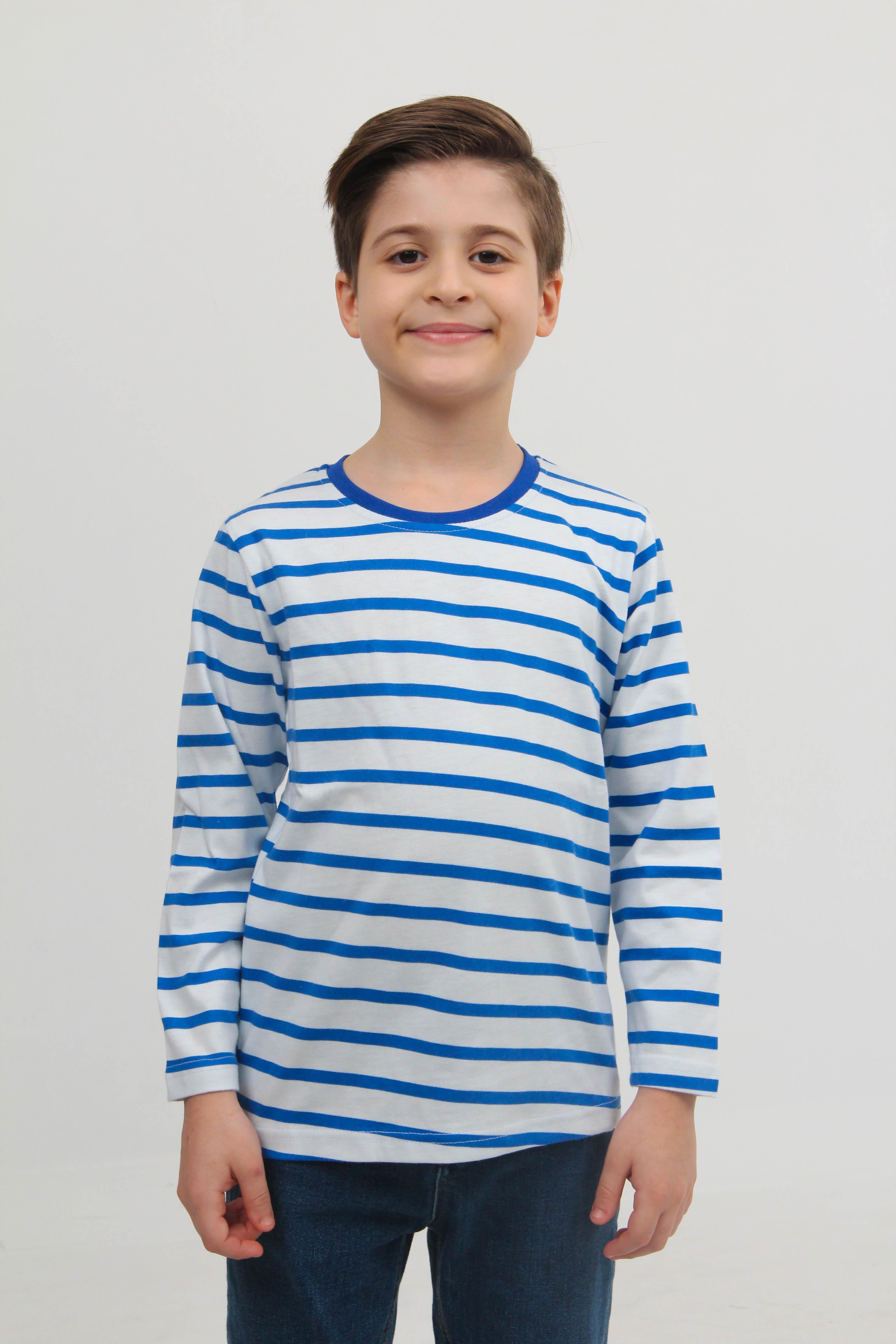 2'li Bisiklet Yaka Uzun Kollu Çizgili Ve Düz Unisex Çocuk Sweatshirt Mavi Beyaz - Perendi